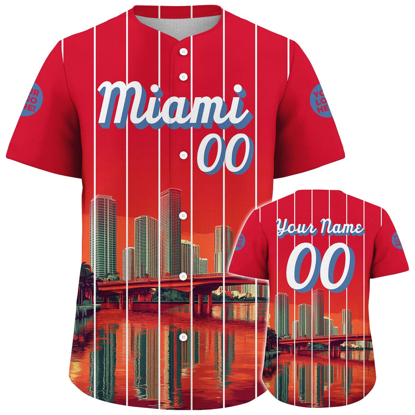Miami City Skyline Bridge And Towers At Dawn Custom Name Baseball Jerseys For Men & Women