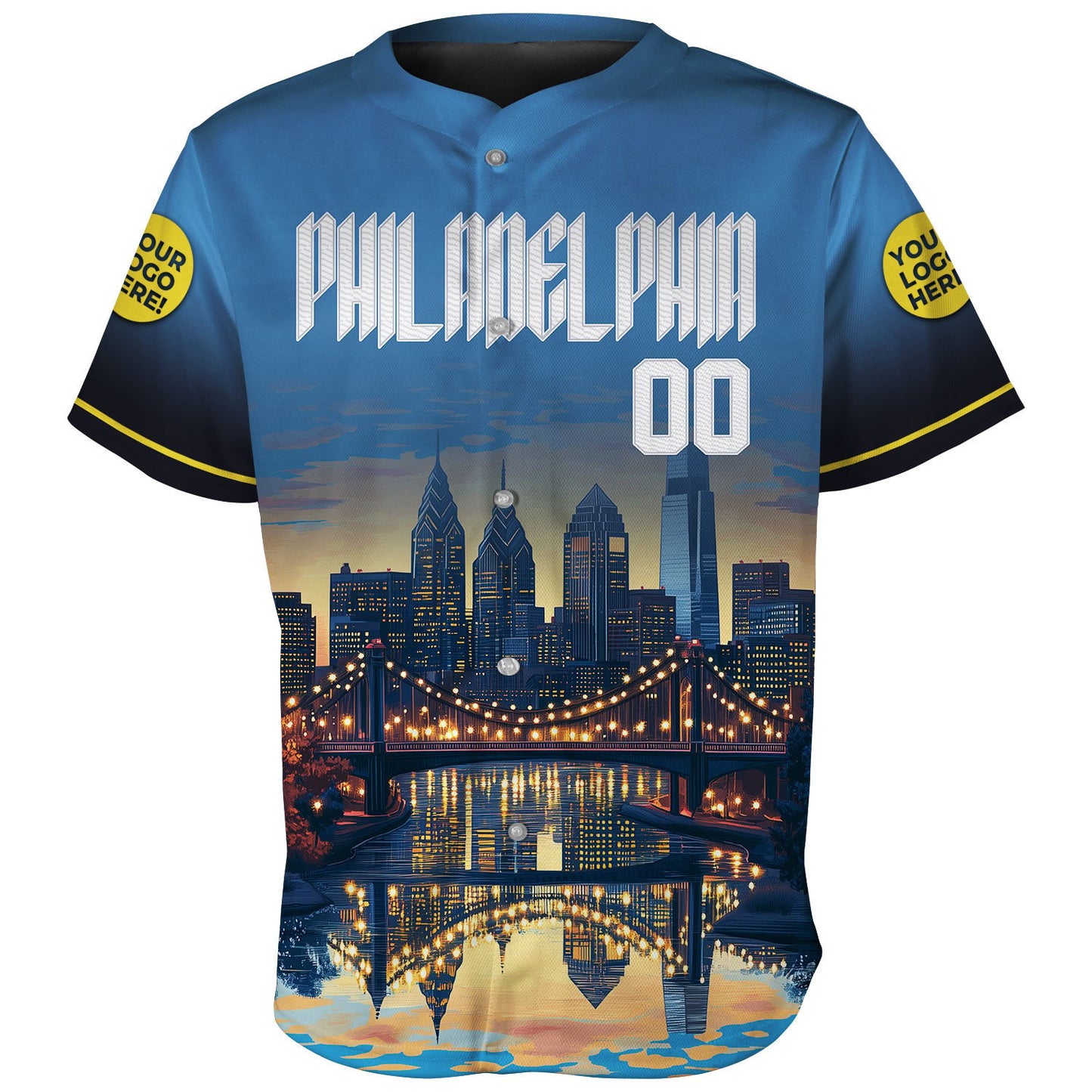 Philadelphia City Hall and Liberty Place Towers at Night Custom Name Baseball Jerseys For Men & Women