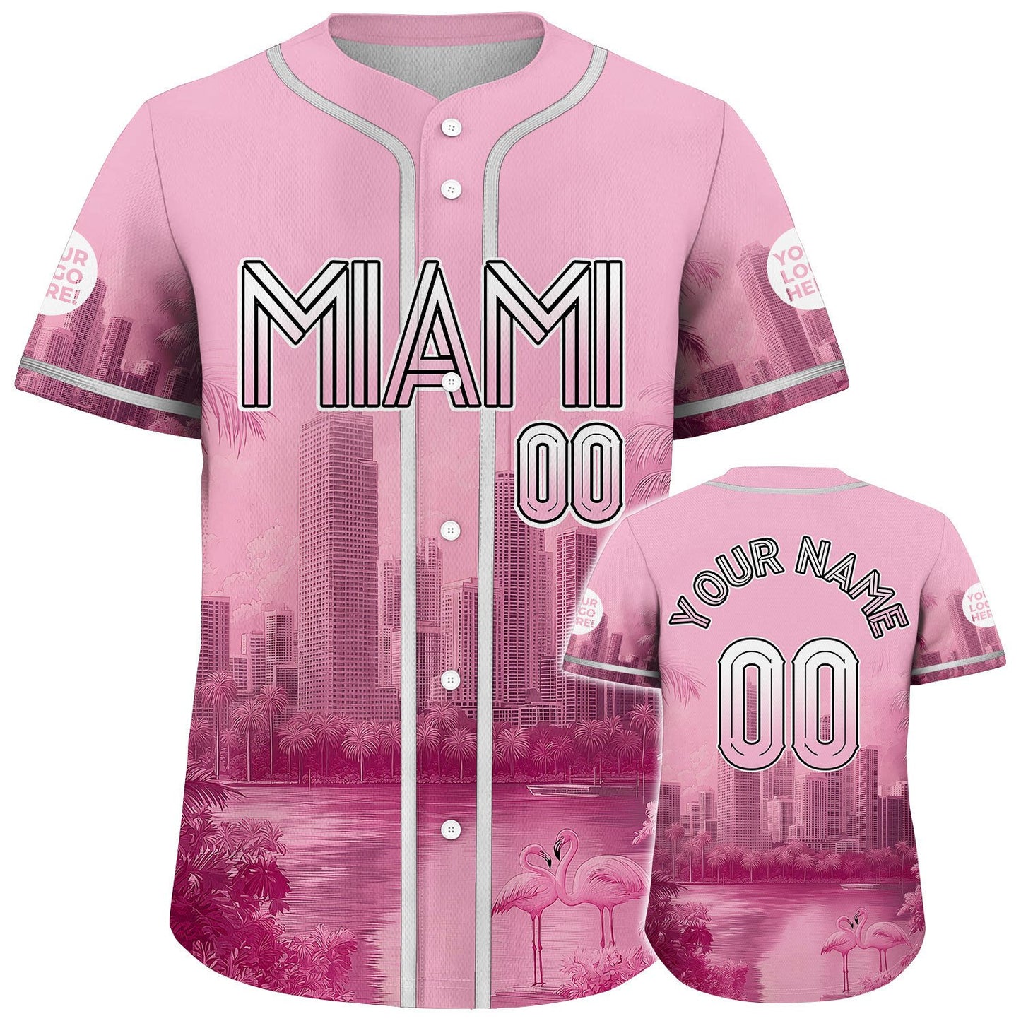 White Pink Miami Urban River Over City Skyline Custom Name Baseball Jerseys For Men & Women