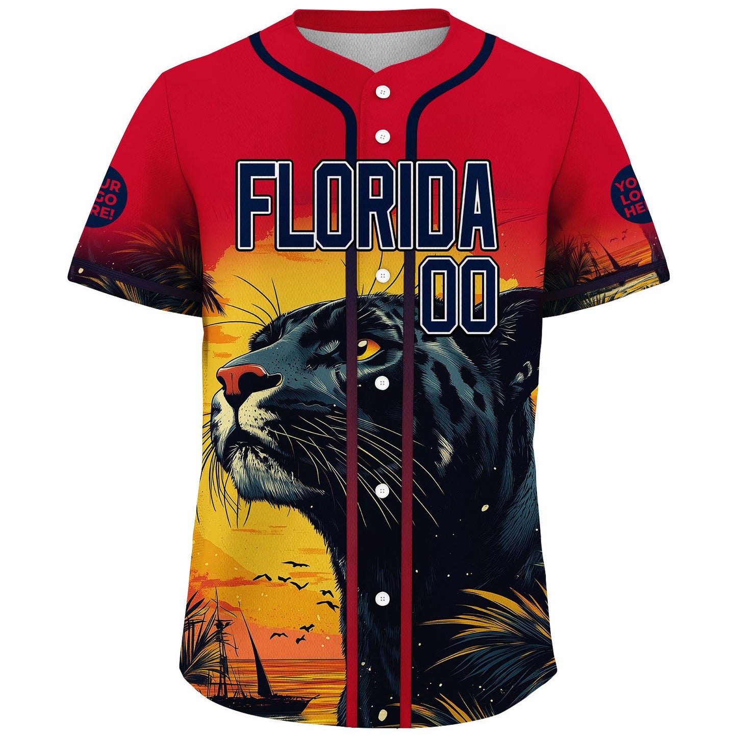 Black Red Florida Black Fierce Panther In Sunset Custom Name Baseball Jerseys For Men & Women