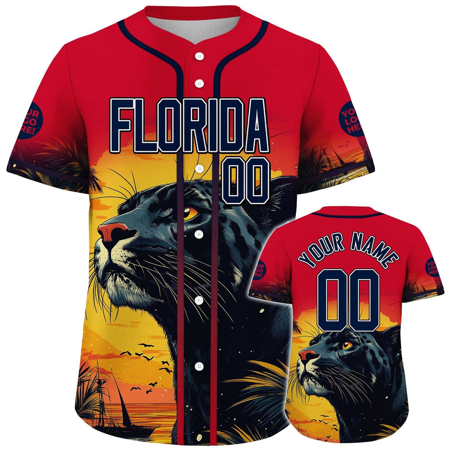 Black Red Florida Black Fierce Panther In Sunset Custom Name Baseball Jerseys For Men & Women