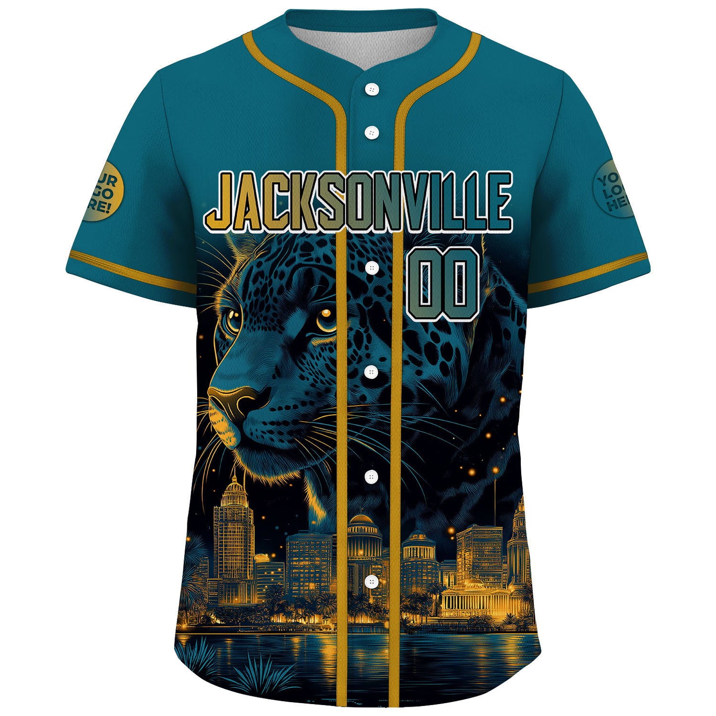 Teal Gold Jacksonville Panther Gaze Urban Skyline Custom Name Baseball Jerseys For Men & Women