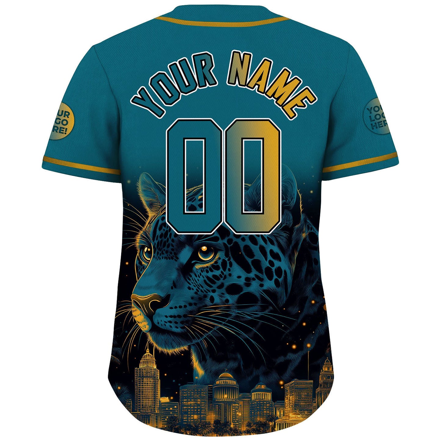 Teal Gold Jacksonville Panther Gaze Urban Skyline Custom Name Baseball Jerseys For Men & Women
