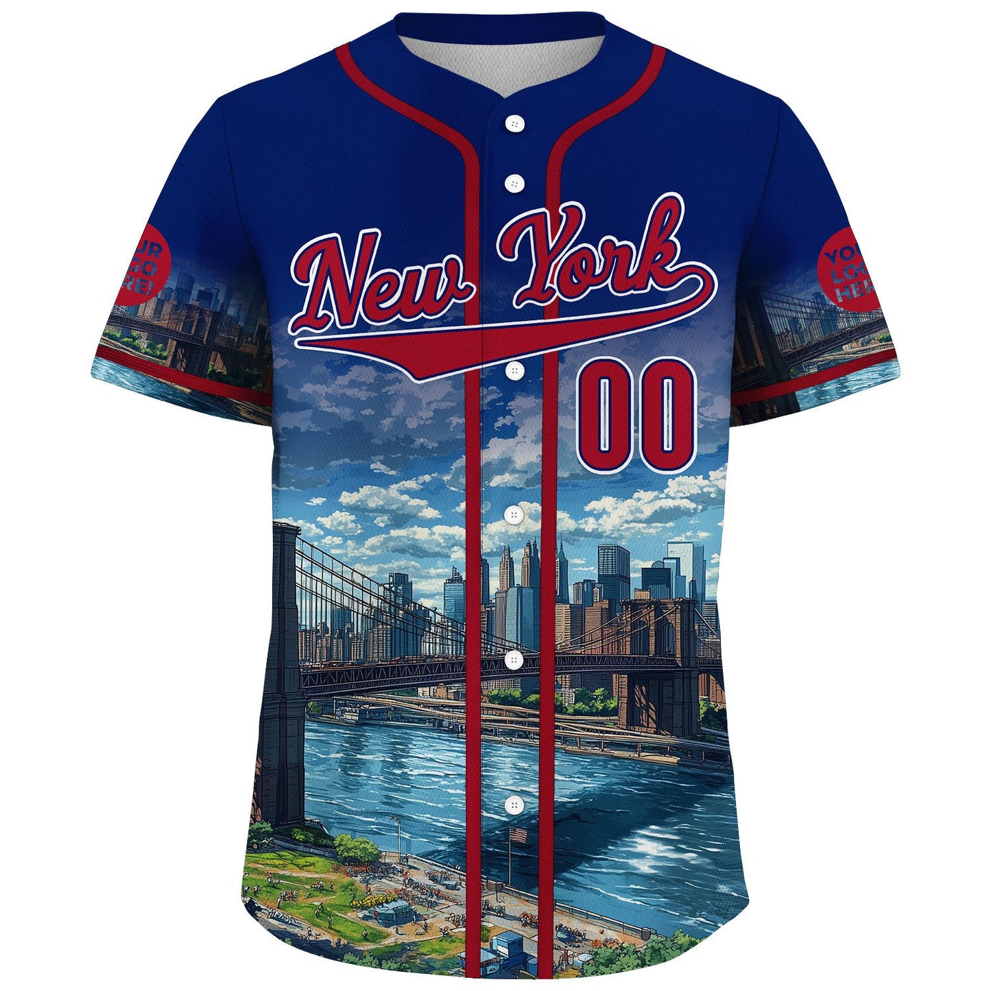 Red Navy New York City Brooklyn Bridge City Backdrop Summer Vibe Custom Name Baseball Jerseys For Men & Women