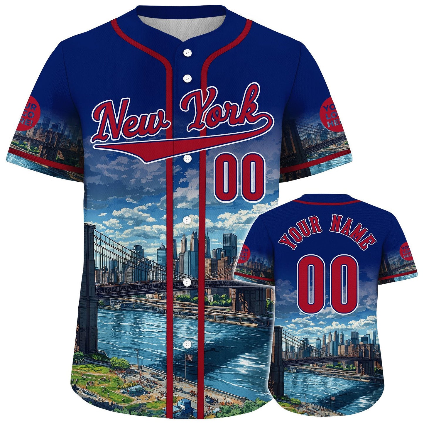 Red Navy New York City Brooklyn Bridge City Backdrop Summer Vibe Custom Name Baseball Jerseys For Men & Women
