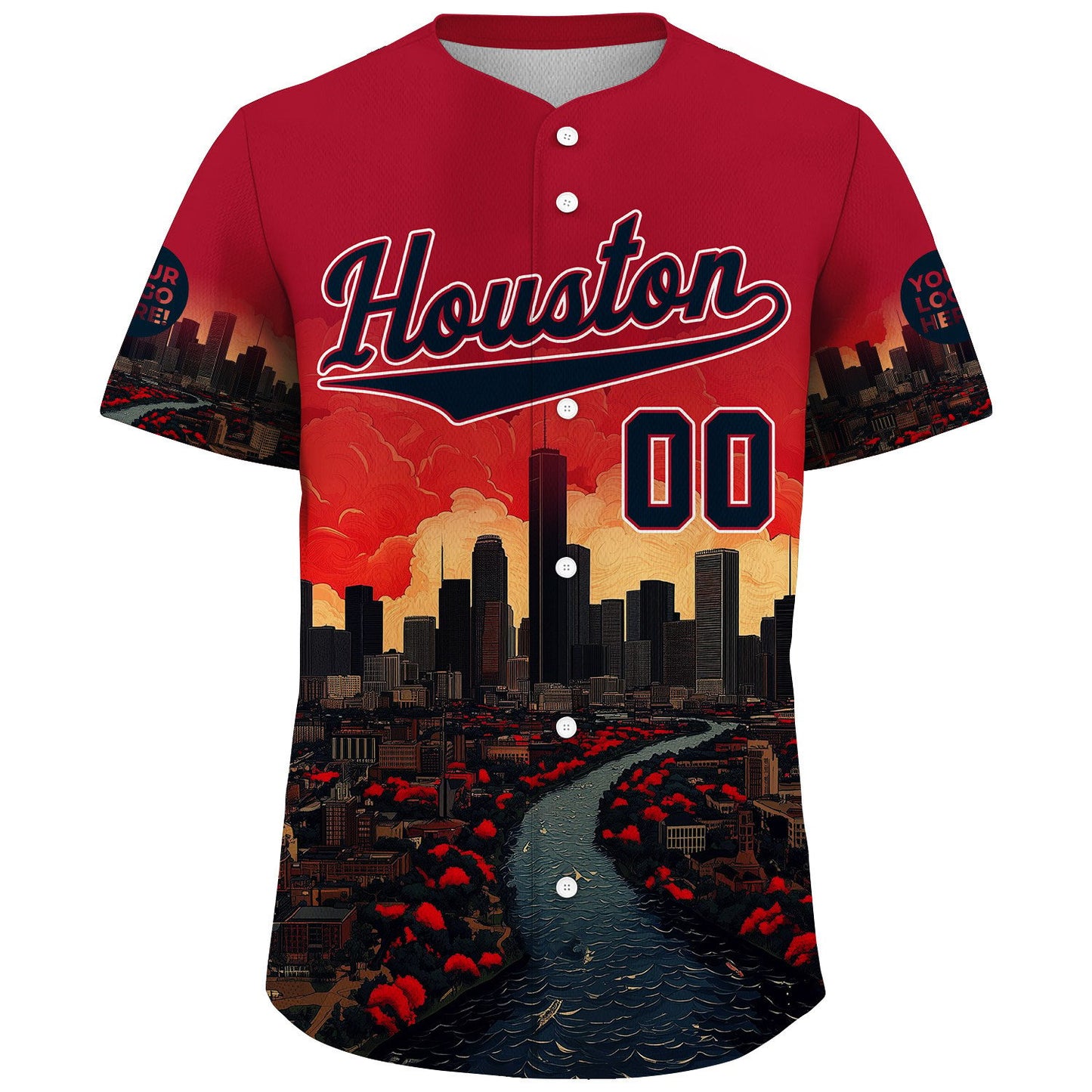 Red Deep Blue Houston City Dallas District JPMorgan Chase Tower Autumn Sunset Custom Name Baseball Jerseys For Men & Women