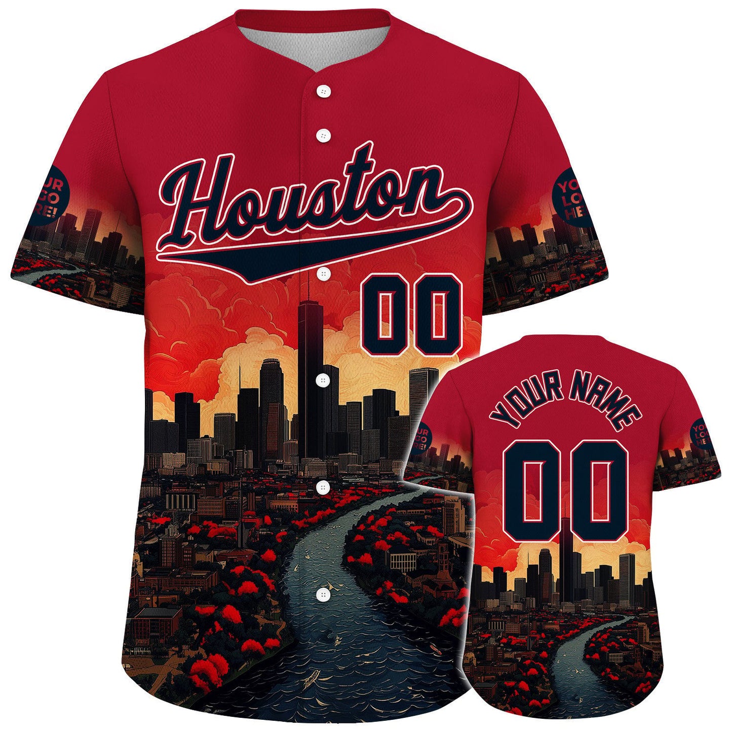 Red Deep Blue Houston City Dallas District JPMorgan Chase Tower Autumn Sunset Custom Name Baseball Jerseys For Men & Women
