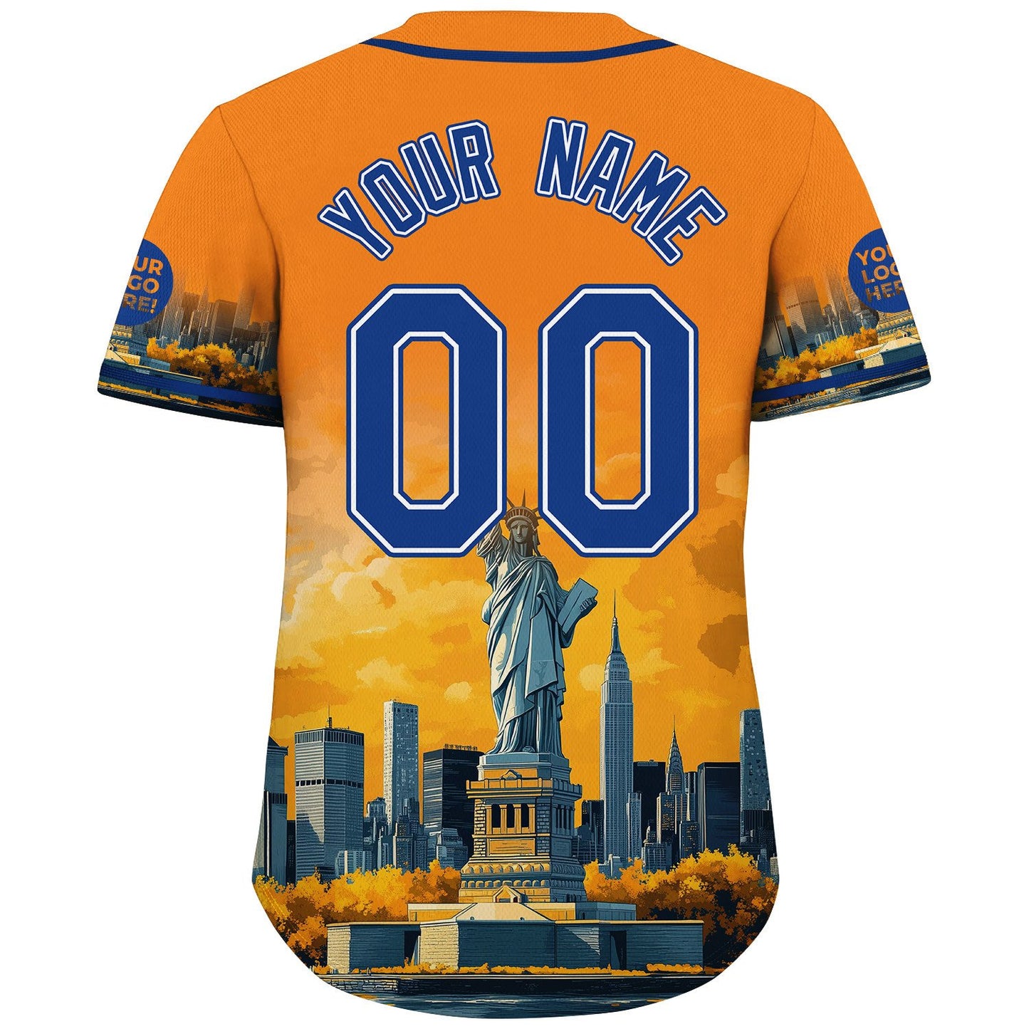 Blue Orange New York City Statue Of Liberty City Backdrop Autumn Vibe Custom Name Baseball Jerseys For Men & Women
