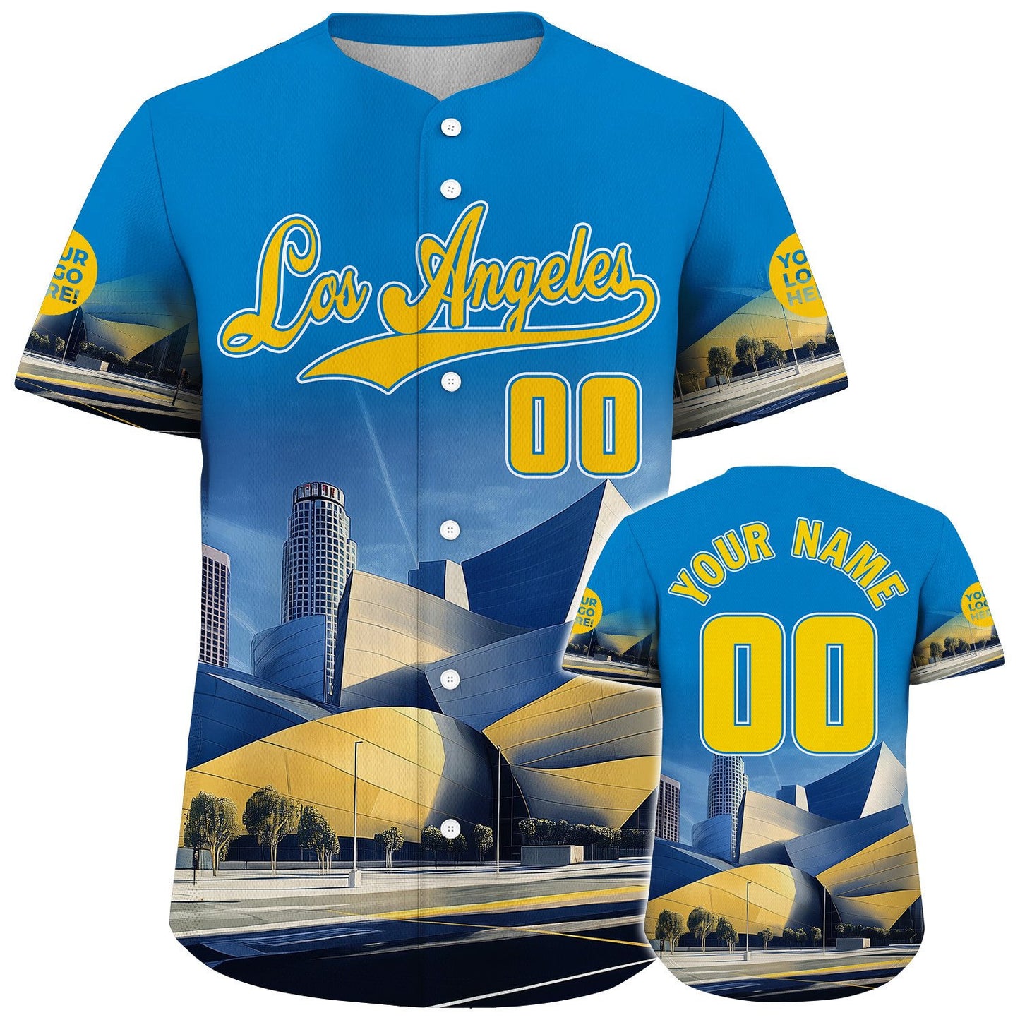 Yellow Blue California Los Angeles City Walt Disney Concert Hall Lightning Morning Custom Name Baseball Jerseys For Men & Women