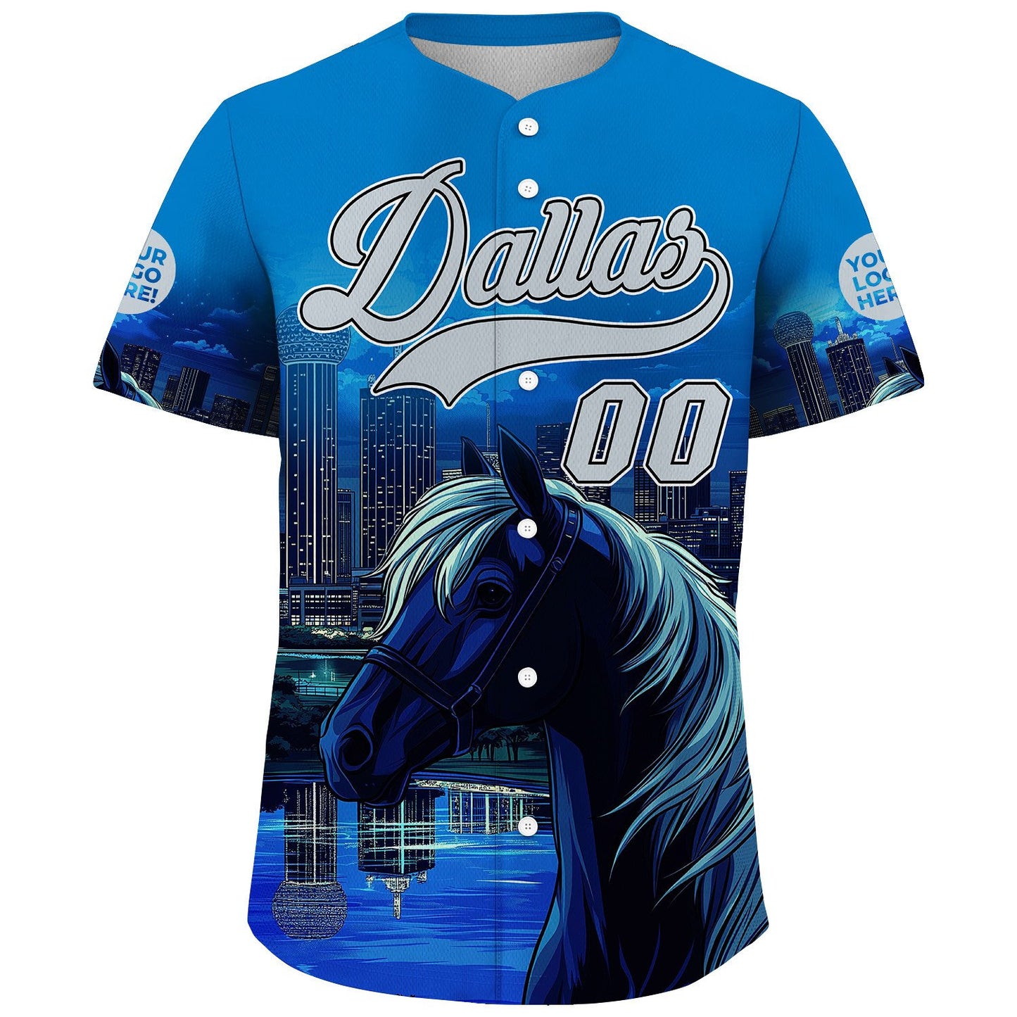 Silver Blue Dallas City Texas District Reunion Tower Fierce Horse City Backdrop Custom Name Baseball Jerseys For Men & Women