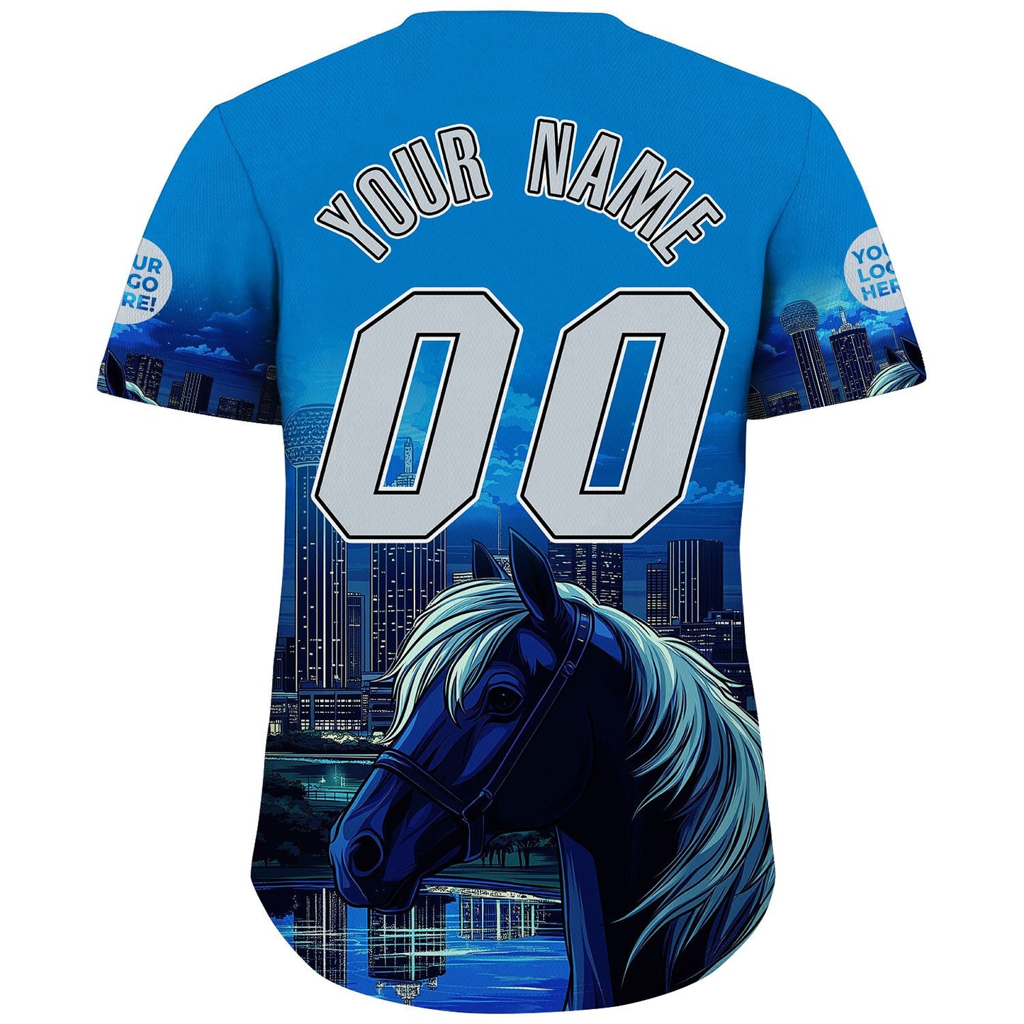 Silver Blue Dallas City Texas District Reunion Tower Fierce Horse City Backdrop Custom Name Baseball Jerseys For Men & Women