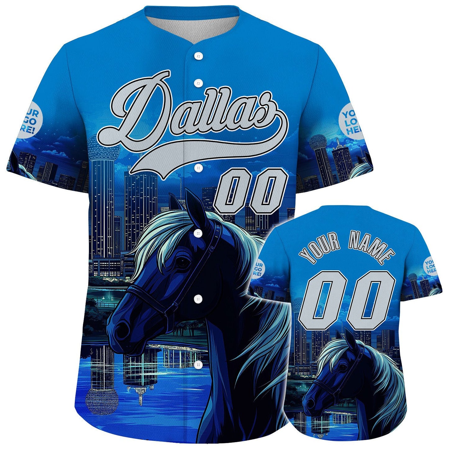 Silver Blue Dallas City Texas District Reunion Tower Fierce Horse City Backdrop Custom Name Baseball Jerseys For Men & Women