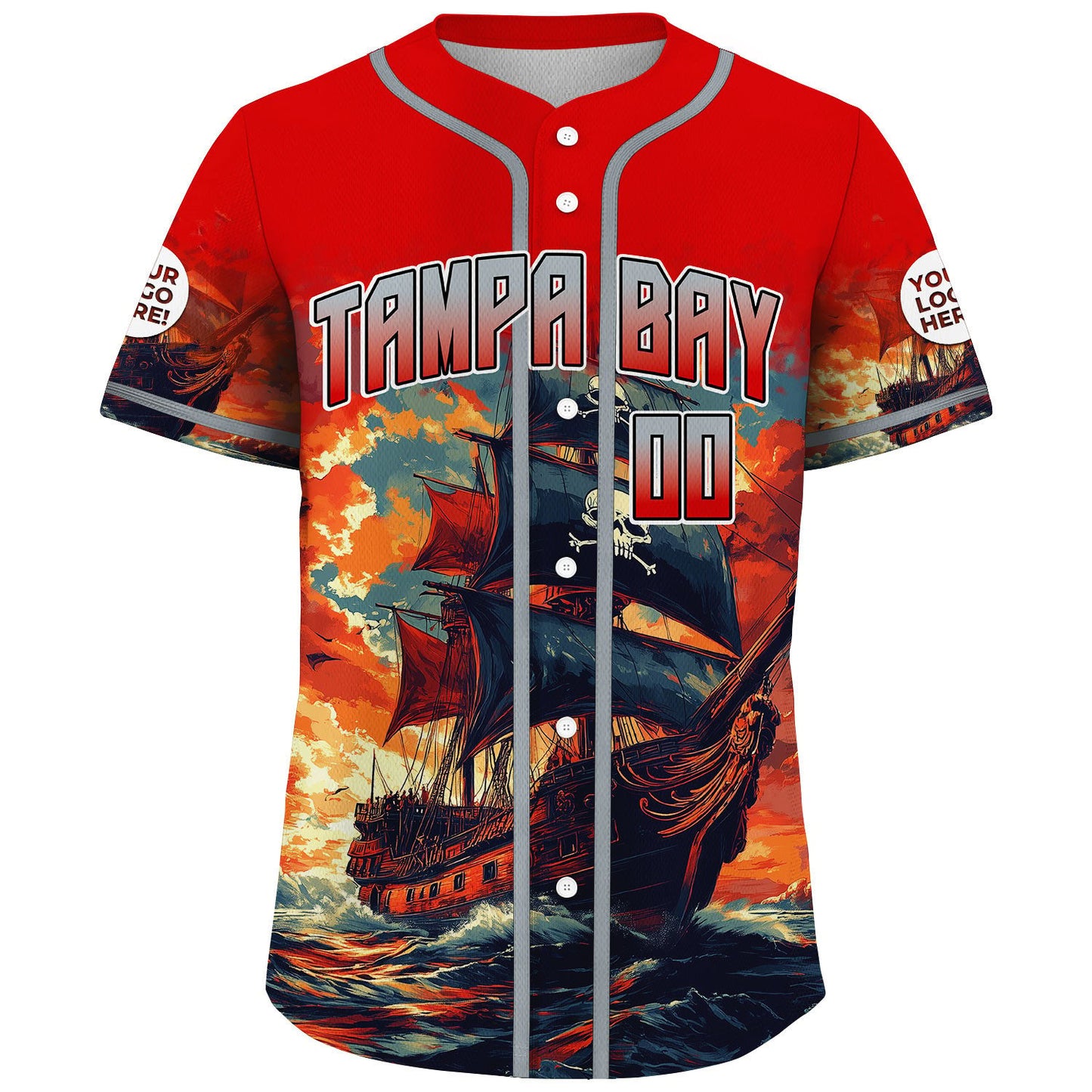 Pewter Buccaneer Red Tampa Bay Pirate Boat Skyline Sunset Custom Name Baseball Jerseys For Men & Women