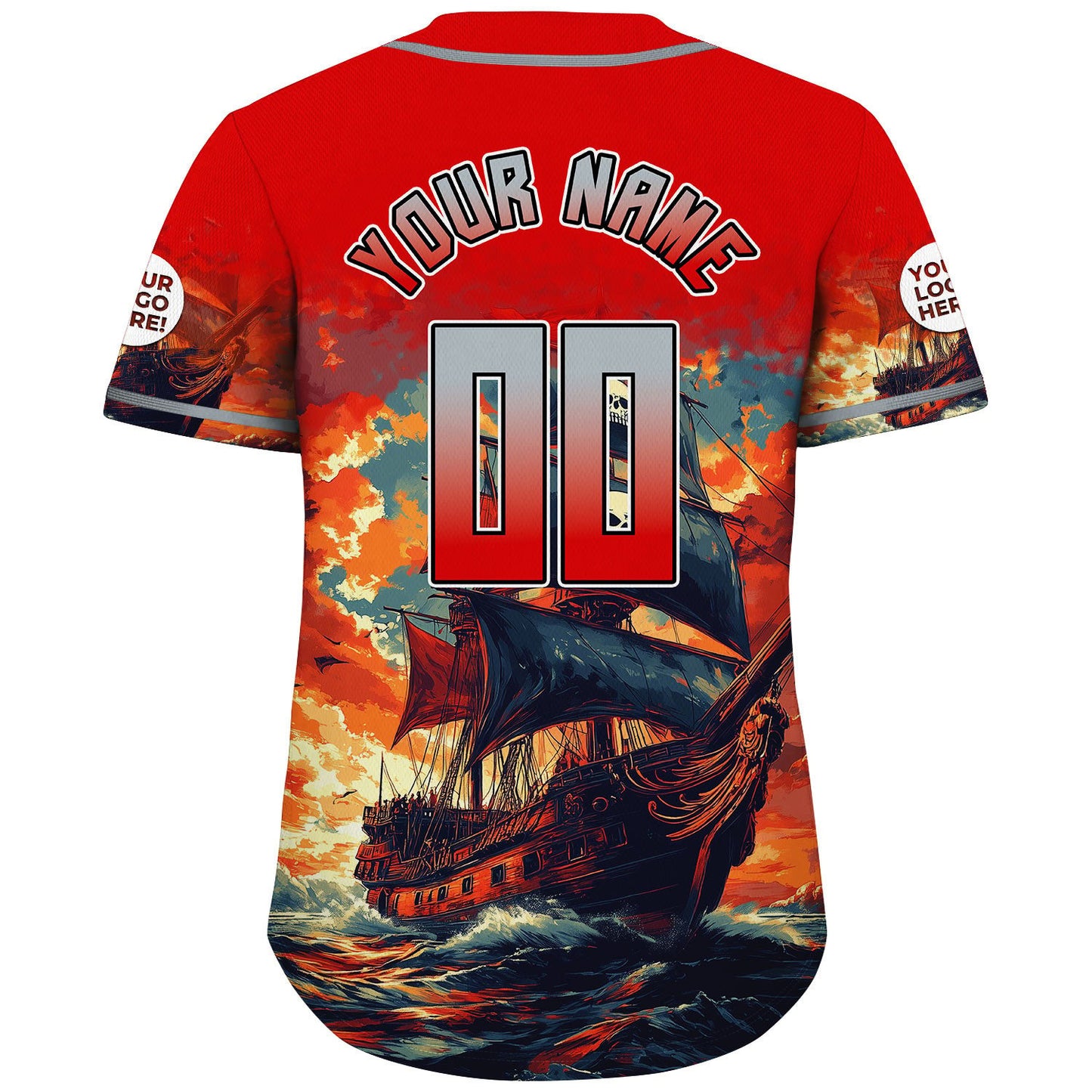 Pewter Buccaneer Red Tampa Bay Pirate Boat Skyline Sunset Custom Name Baseball Jerseys For Men & Women