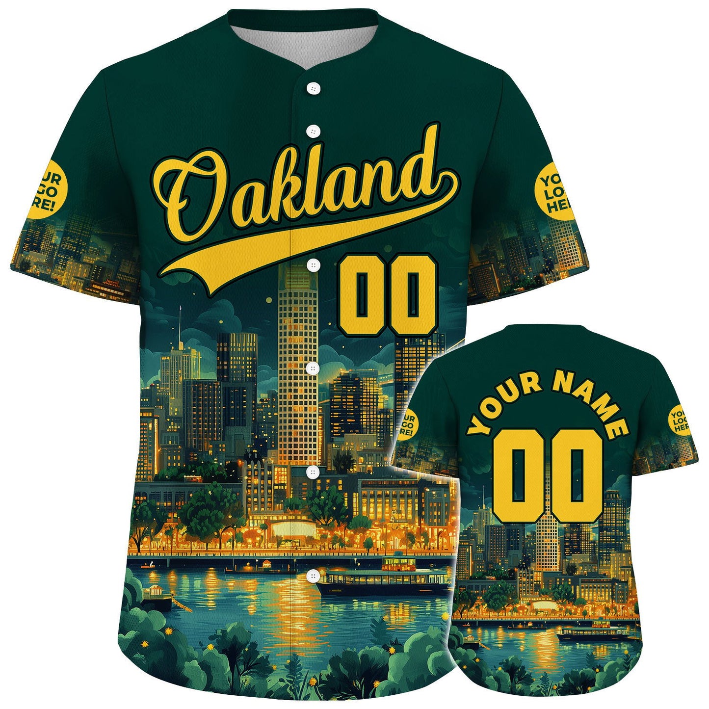 Golden Green Oakland California Tribune Building Golden Night Custom Name Baseball Jerseys For Men & Women
