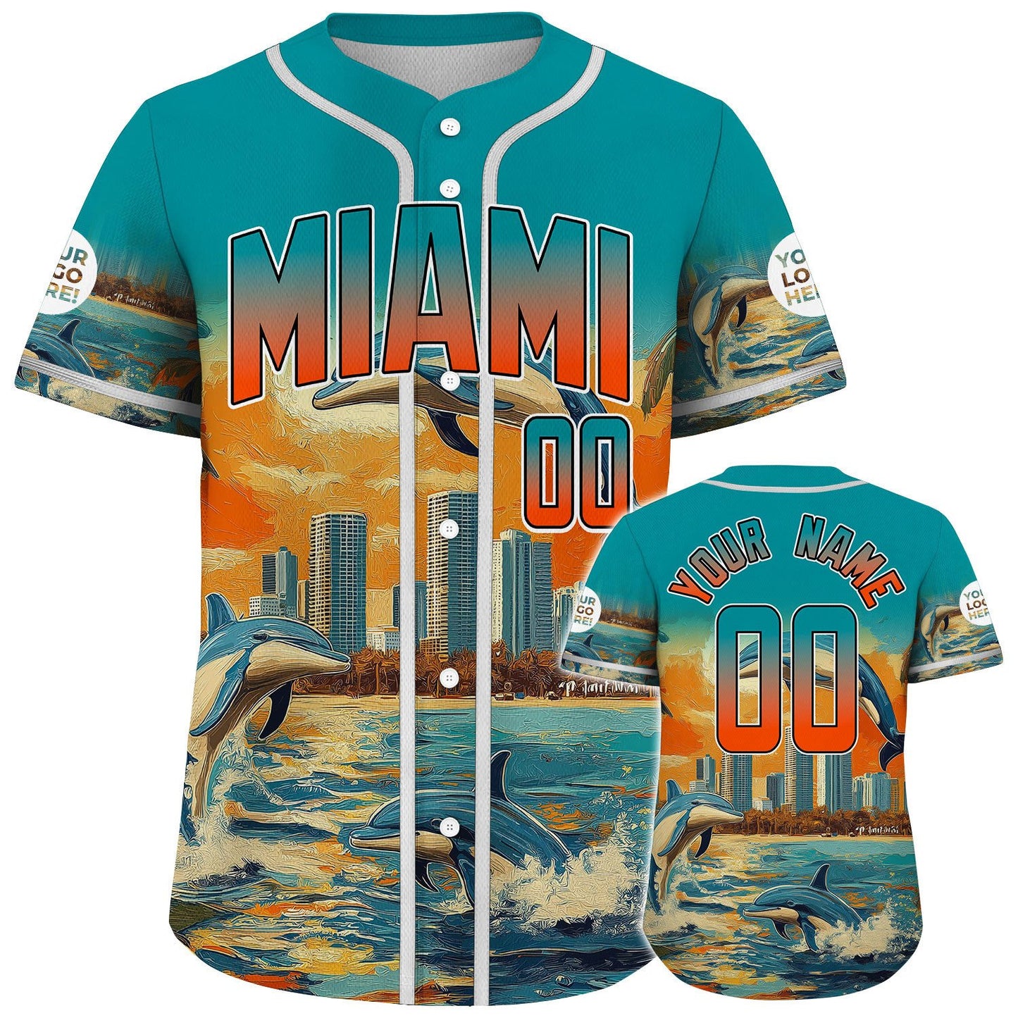 Aqua Orange Miami Florida Dolphin Play Together City Backdrop Colorful Summer Custom Name Baseball Jerseys For Men & Women