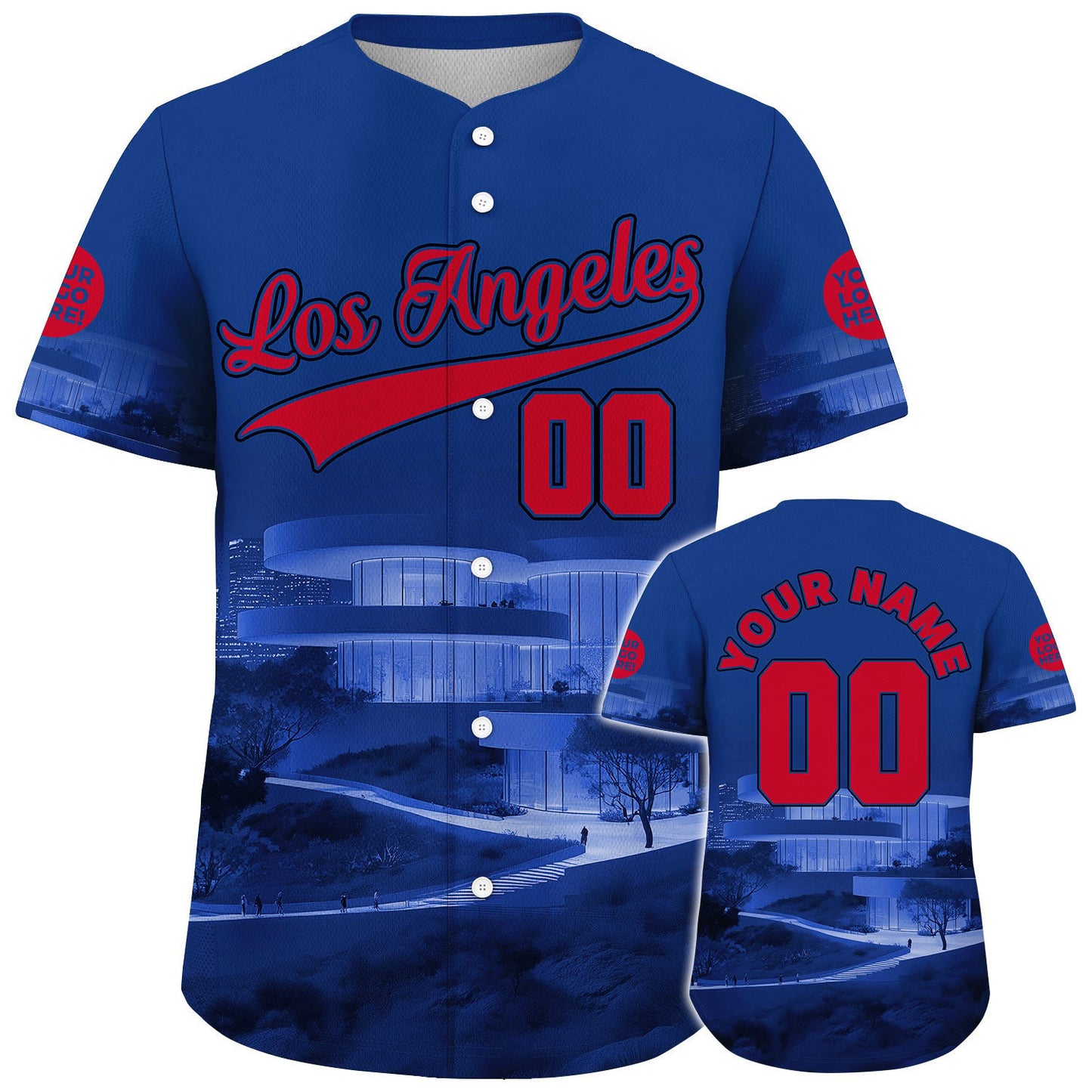 Red Blue Los Angeles California Walt Disney Concert Hall Tranquill Night Custom Name Baseball Jerseys For Men & Women