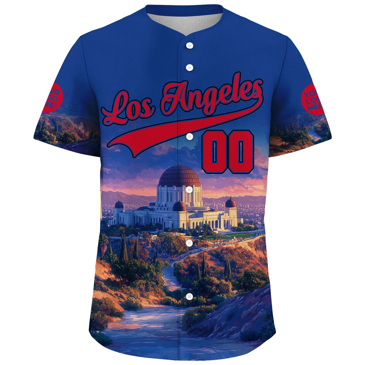 Red Blue Los Angeles California Griffith Observatory Skyline Custom Name Baseball Jerseys For Men & Women