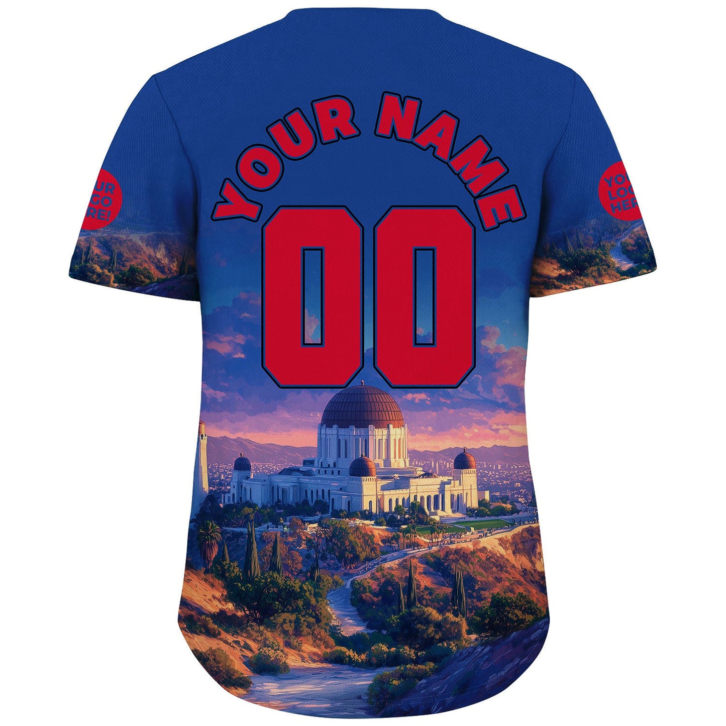 Red Blue Los Angeles California Griffith Observatory Skyline Custom Name Baseball Jerseys For Men & Women