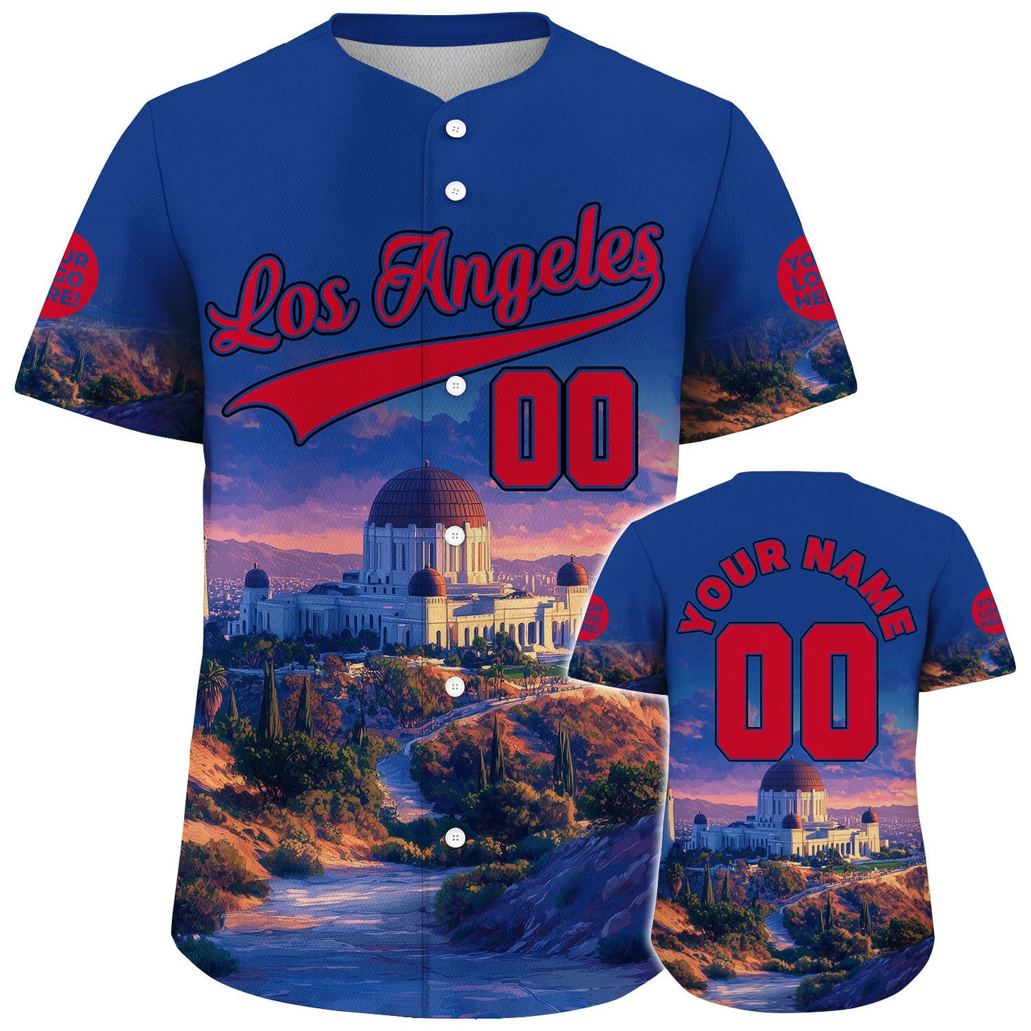 Red Blue Los Angeles California Griffith Observatory Skyline Custom Name Baseball Jerseys For Men & Women