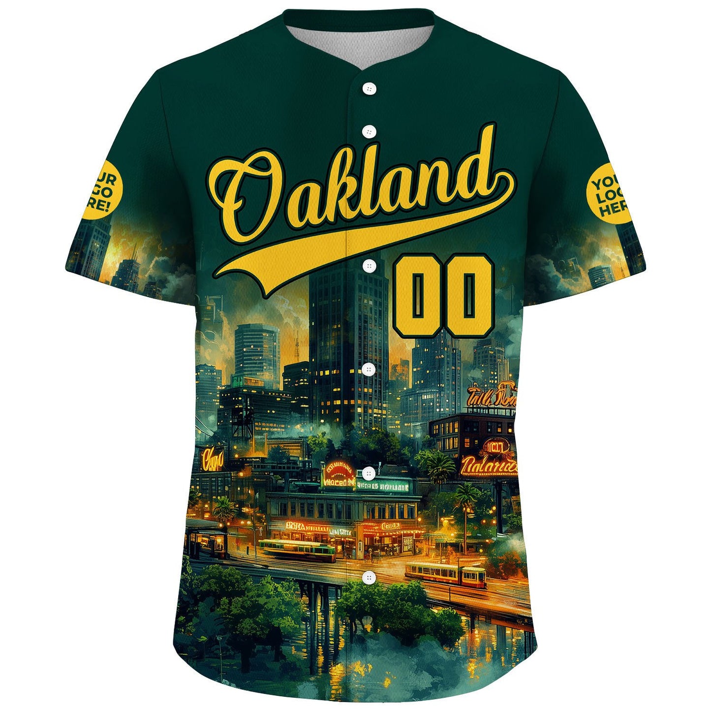 Golden Green Oakland California Tribune Tower Vibrant City Night Custom Name Baseball Jerseys For Men & Women