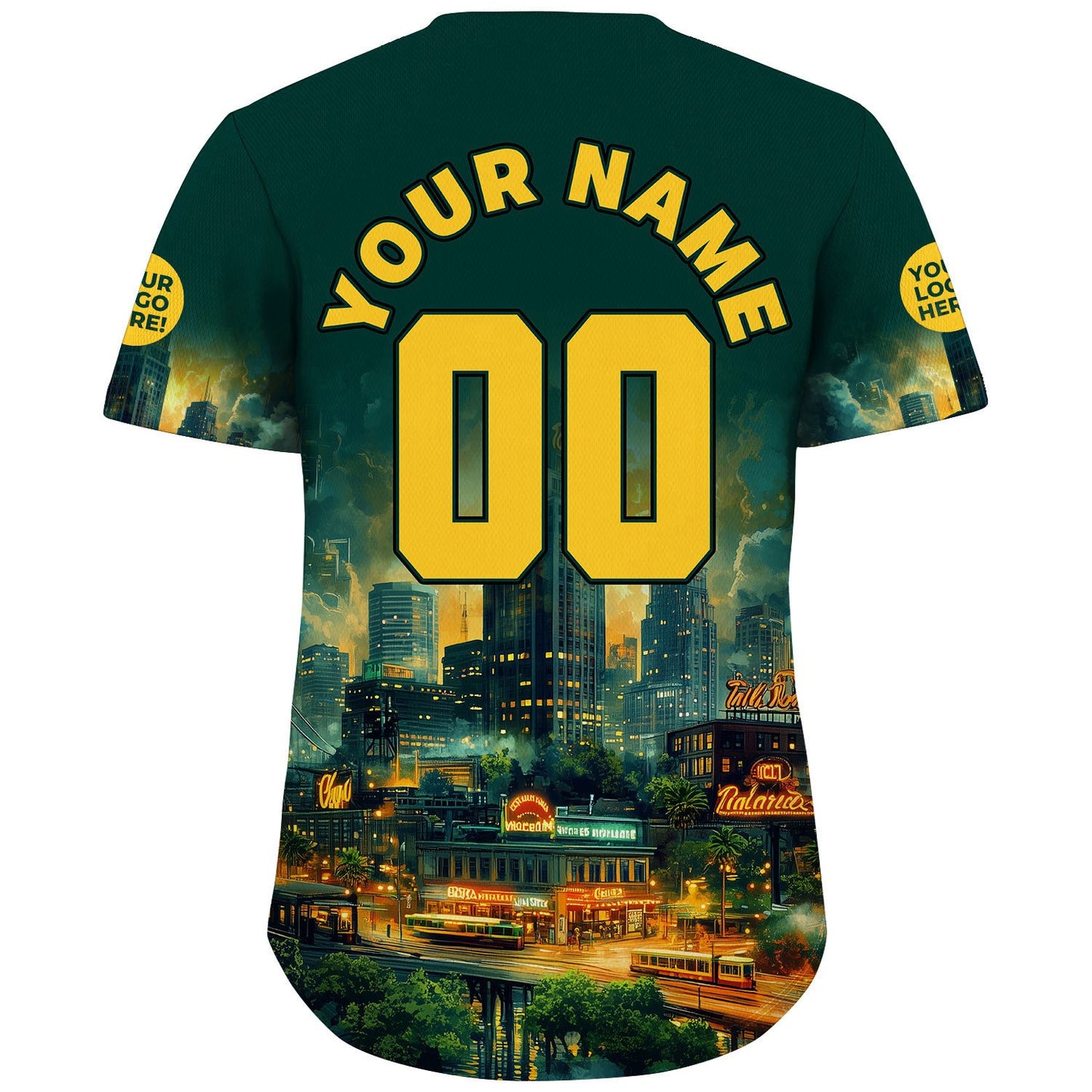 Golden Green Oakland California Tribune Tower Vibrant City Night Custom Name Baseball Jerseys For Men & Women