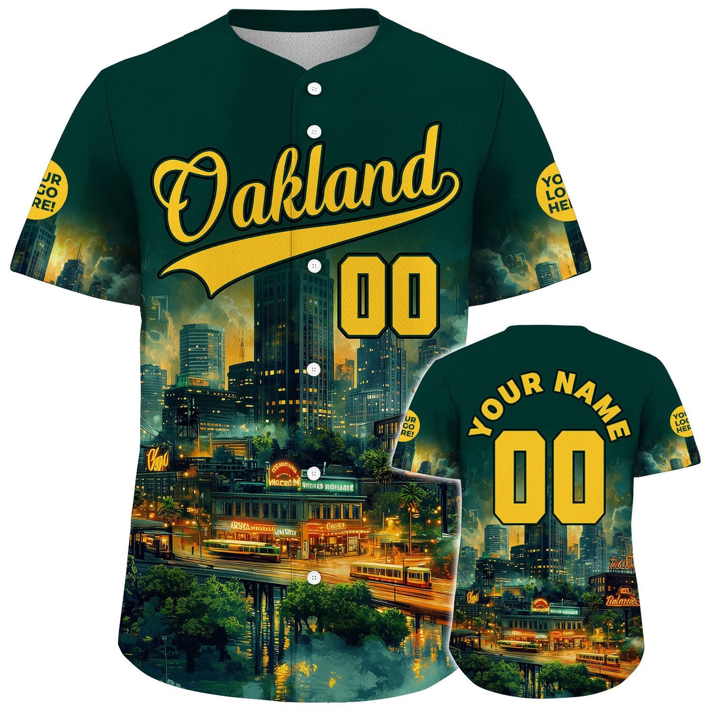 Golden Green Oakland California Tribune Tower Vibrant City Night Custom Name Baseball Jerseys For Men & Women
