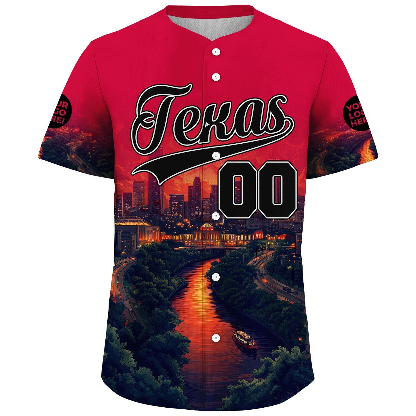 Black Red Texas Wortham Theater Center City Sunset River View Custom Name Baseball Jerseys For Men & Women