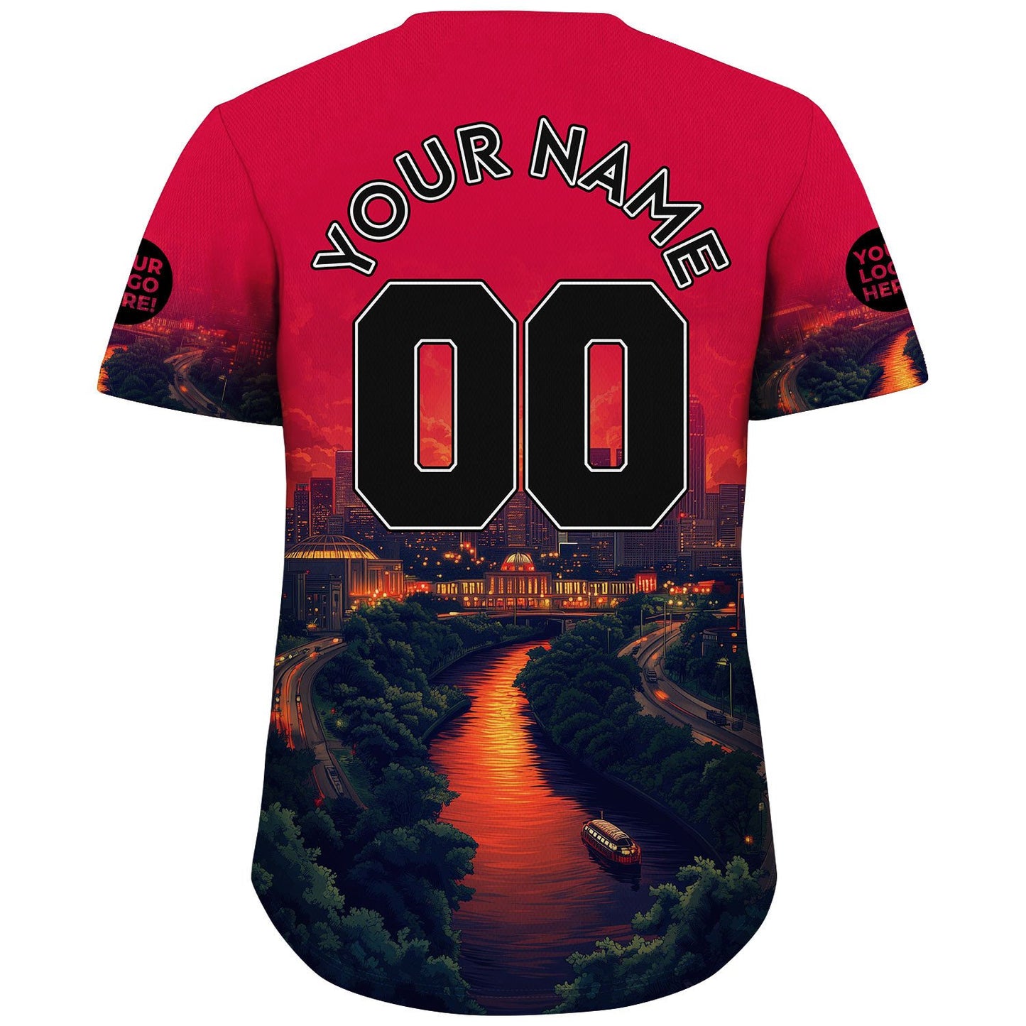 Black Red Texas Wortham Theater Center City Sunset River View Custom Name Baseball Jerseys For Men & Women