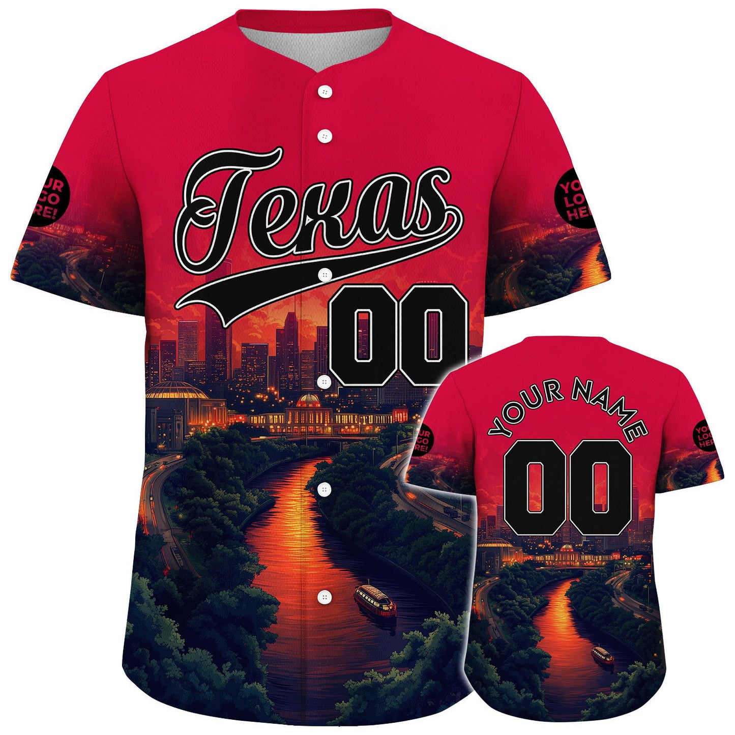 Black Red Texas Wortham Theater Center City Sunset River View Custom Name Baseball Jerseys For Men & Women