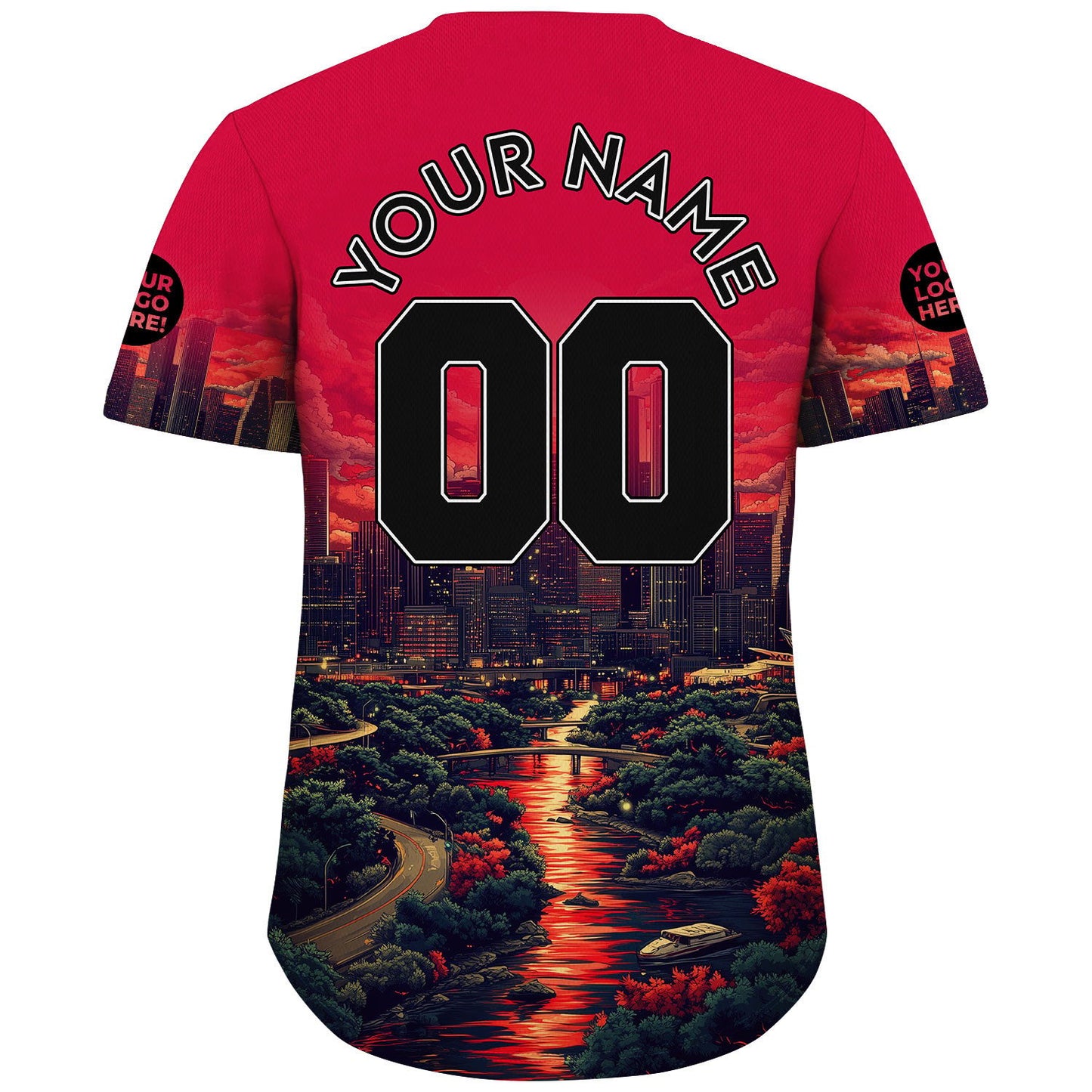 Black Red Houston Texas City In Night River View Custom Name Baseball Jerseys For Men & Women
