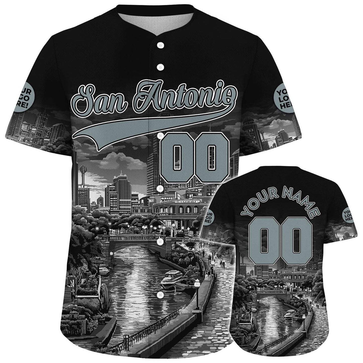 Silver Black San Antonio Texas Reunion Tower In Night Pixel Style Custom Name Baseball Jerseys For Men & Women