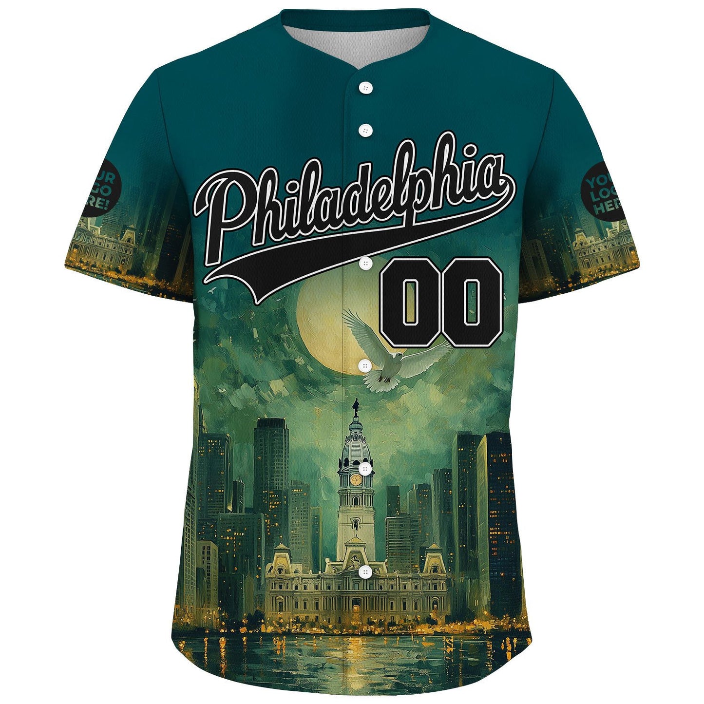 Black Midnight Green Philadelphia Pennsylvania City Hall White Eagle Full Moon Night Custom Name Baseball Jerseys For Men & Women