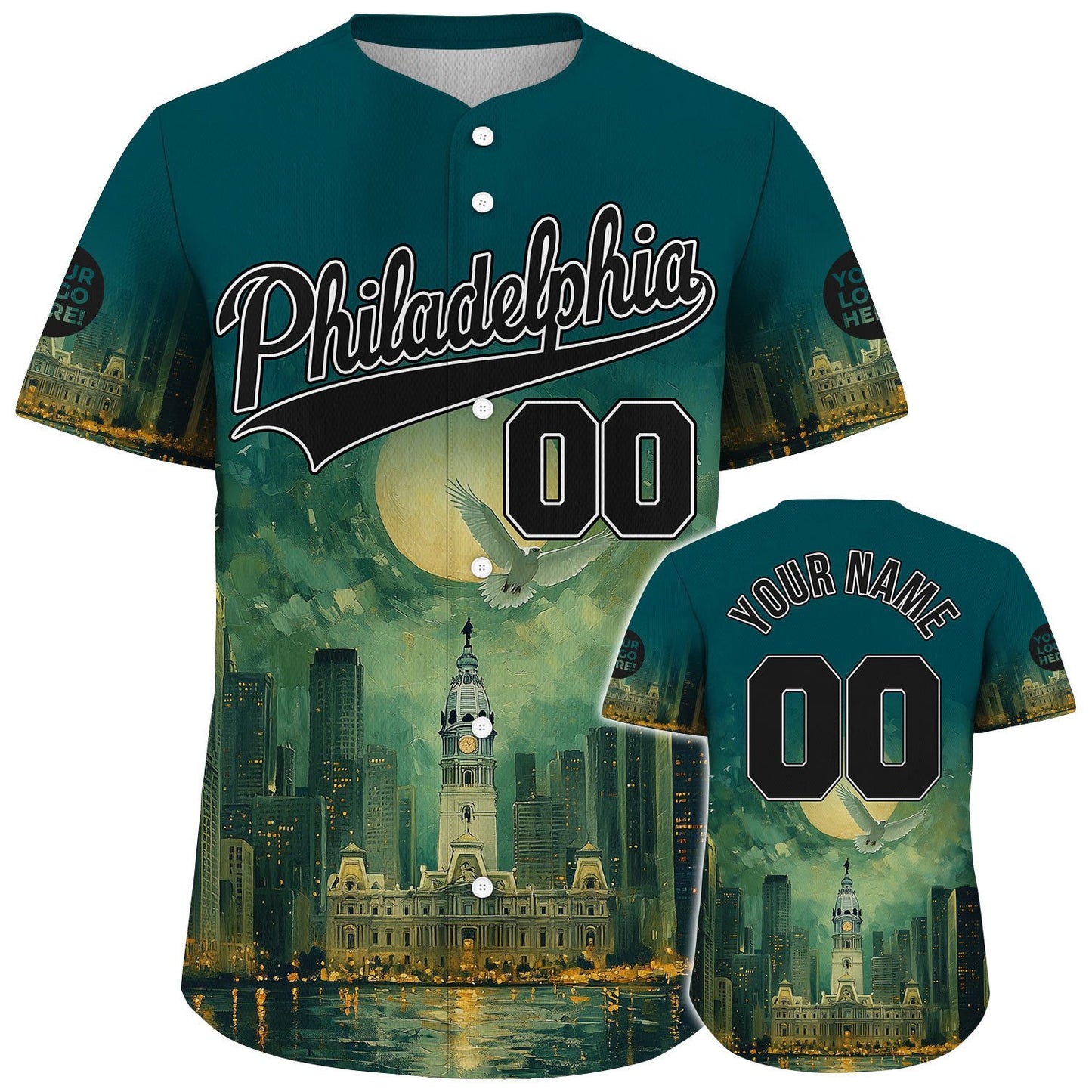 Black Midnight Green Philadelphia Pennsylvania City Hall White Eagle Full Moon Night Custom Name Baseball Jerseys For Men & Women