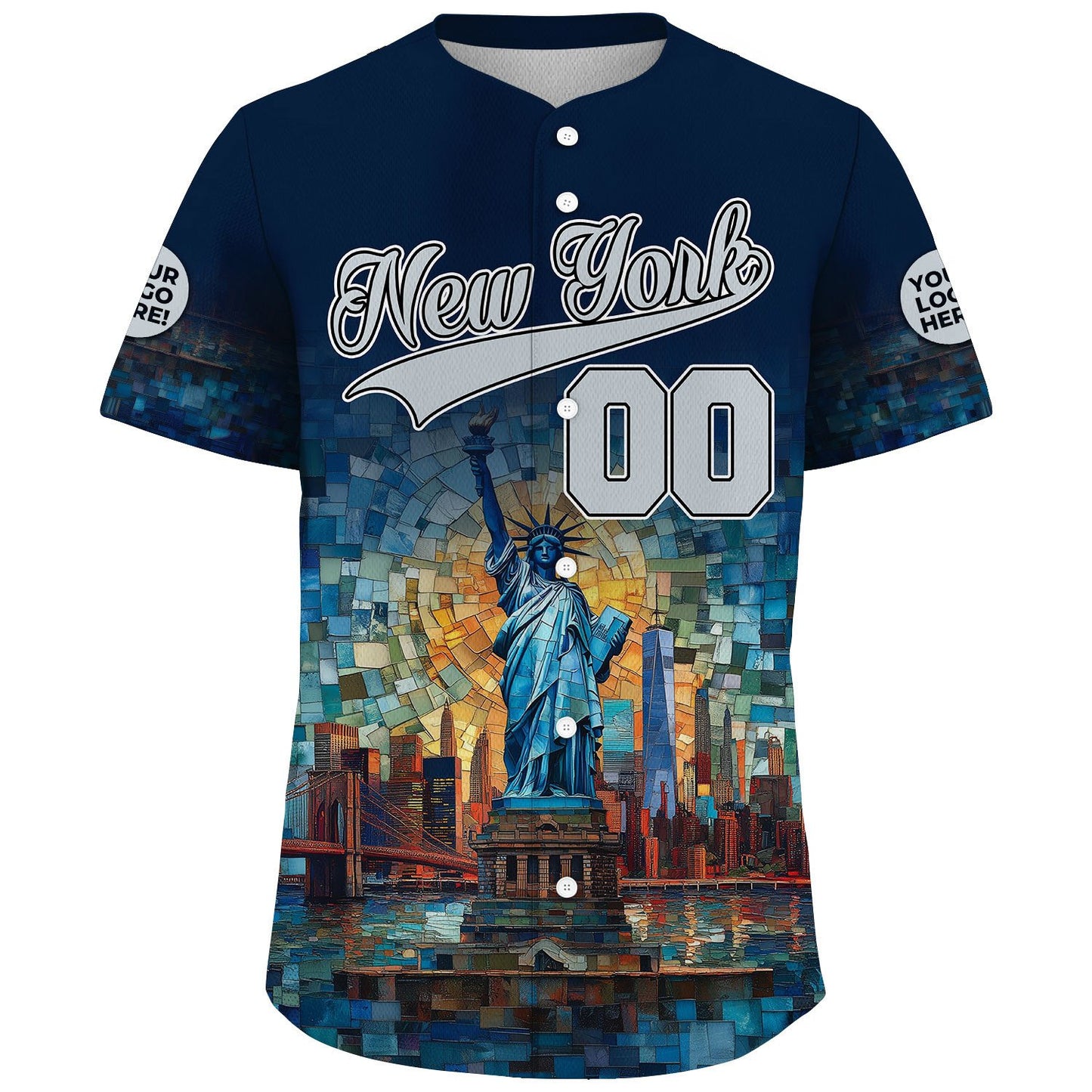 Grey Navy New York Statue Of Liberty Brooklyn Bridge Gothic Glass Art Custom Name Baseball Jerseys For Men & Women