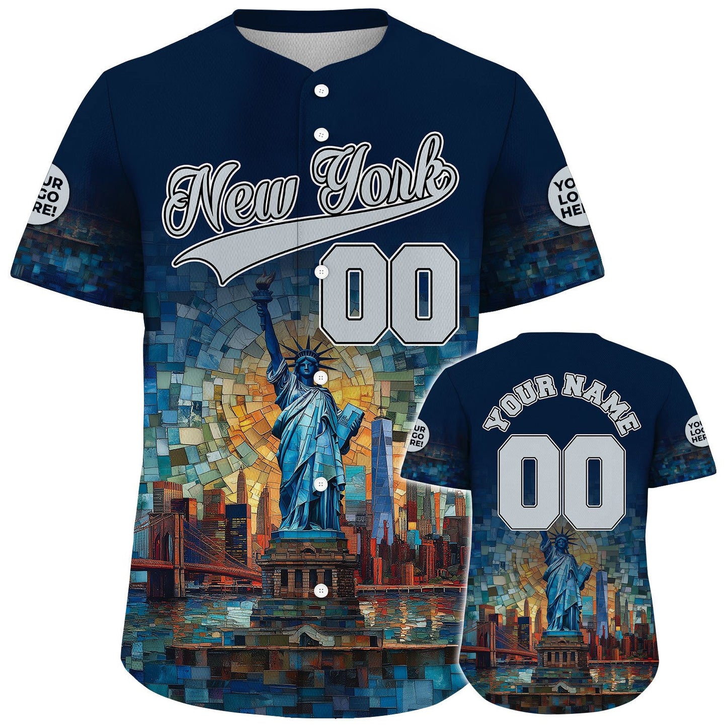 Grey Navy New York Statue Of Liberty Brooklyn Bridge Gothic Glass Art Custom Name Baseball Jerseys For Men & Women