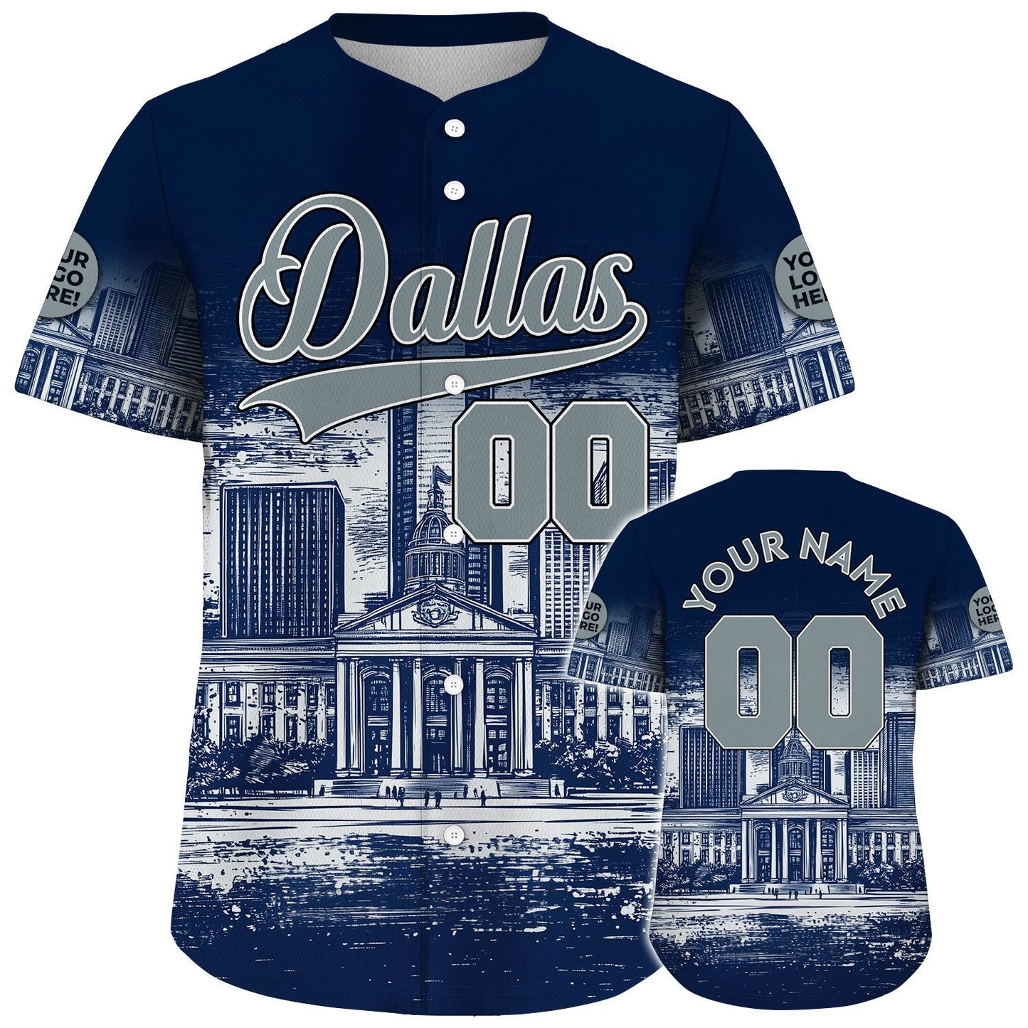 Silver Navy Dallas Texas Old Dallas County Courthouse Custom Name Baseball Jerseys For Men & Women