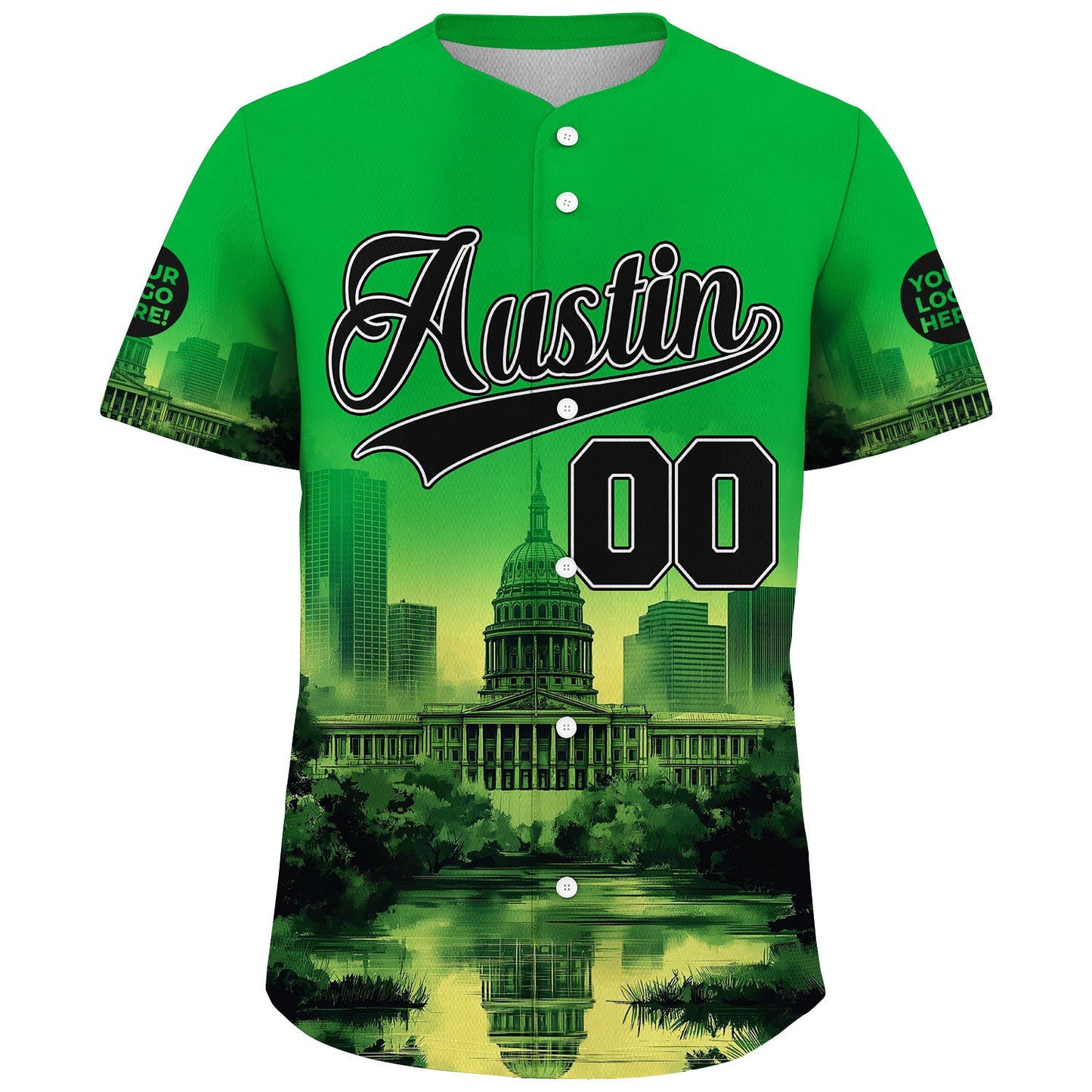 Black Bright Verde Austin Texas State Capitol Reflecting River Custom Name Baseball Jerseys For Men & Women