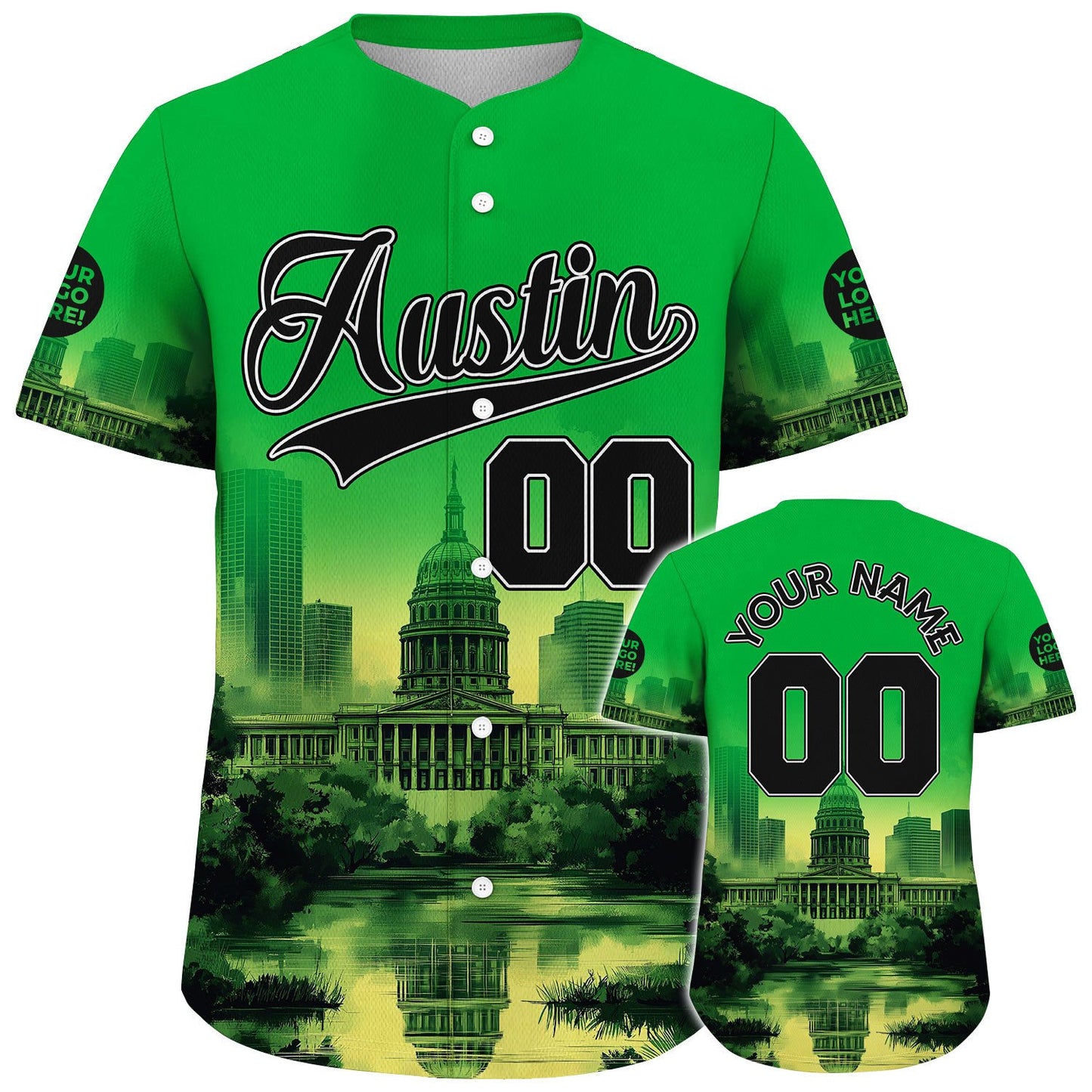 Black Bright Verde Austin Texas State Capitol Reflecting River Custom Name Baseball Jerseys For Men & Women