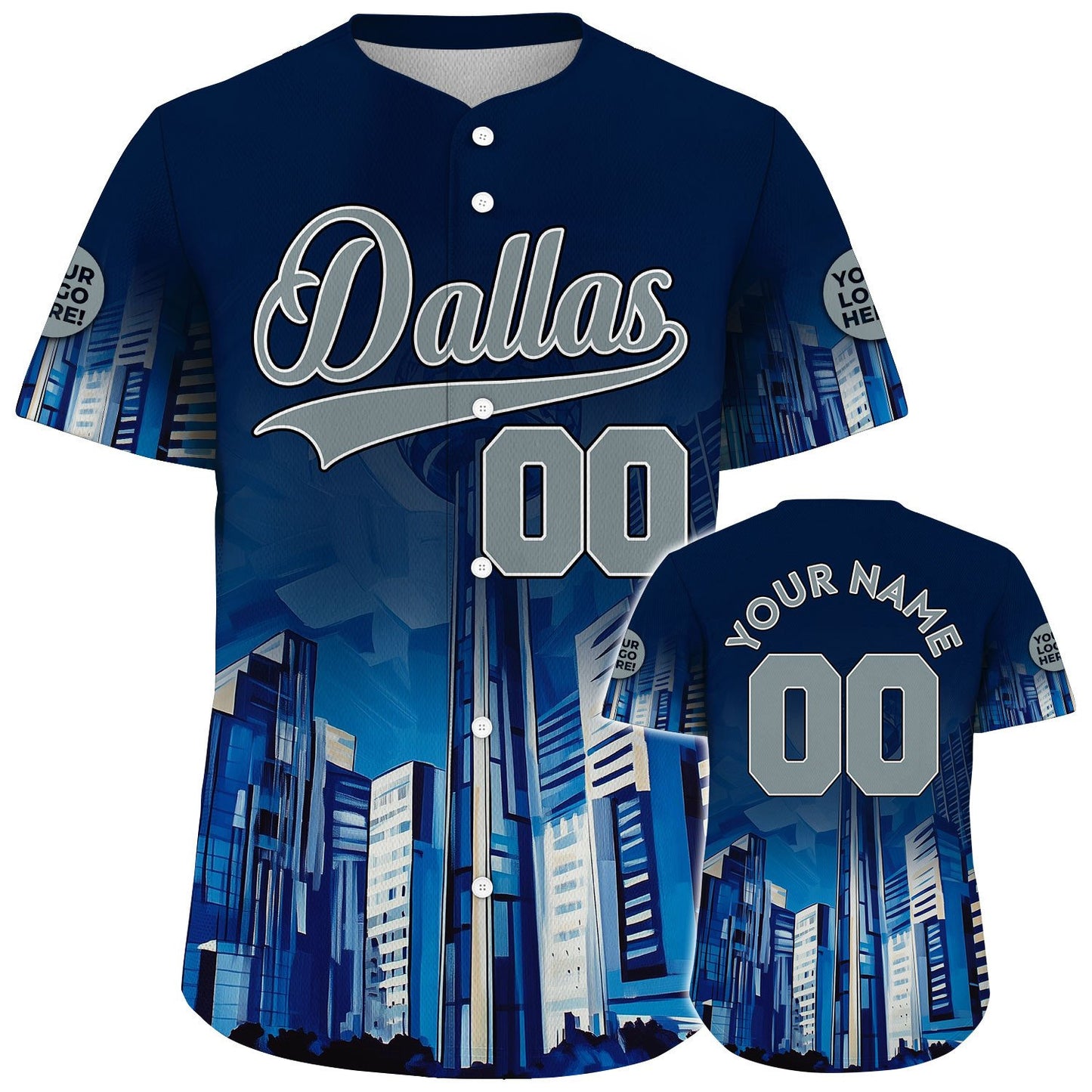 Silver Navy Dallas Texas Dallas Reunion Tower City In Mist Custom Name Baseball Jerseys For Men & Women