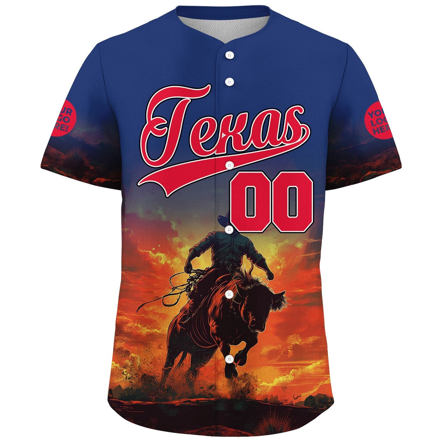 Republic Red Bovine Blue Texas Fierce Cowboy In Sunset Custom Name Baseball Jerseys For Men & Women
