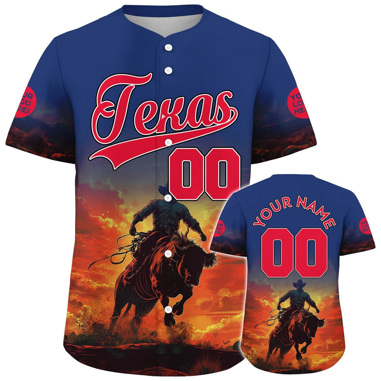 Republic Red Bovine Blue Texas Fierce Cowboy In Sunset Custom Name Baseball Jerseys For Men & Women