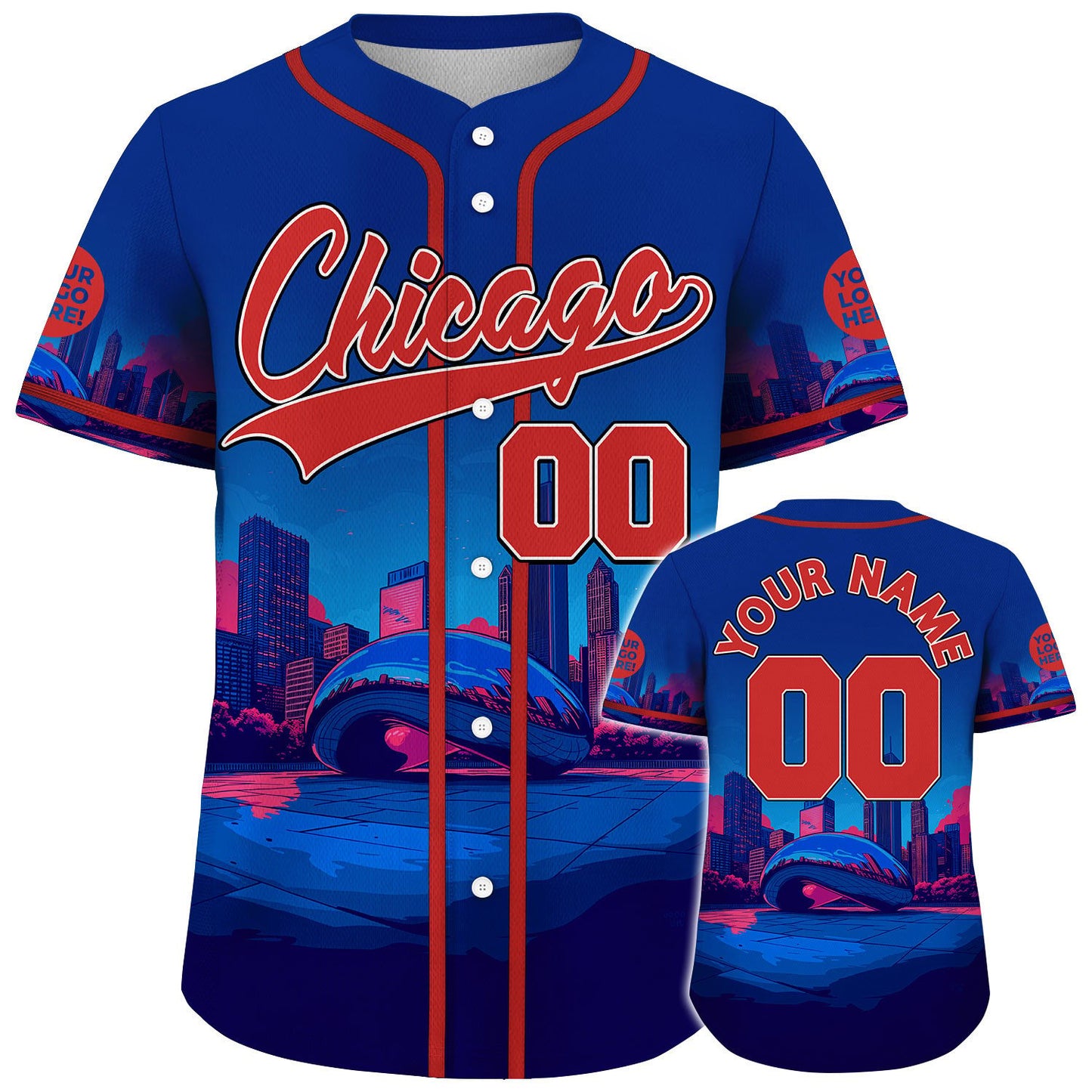 Red Blue Chicago Illinois The Bean Cloud Gate City Dawn Custom Name Baseball Jerseys For Men & Women