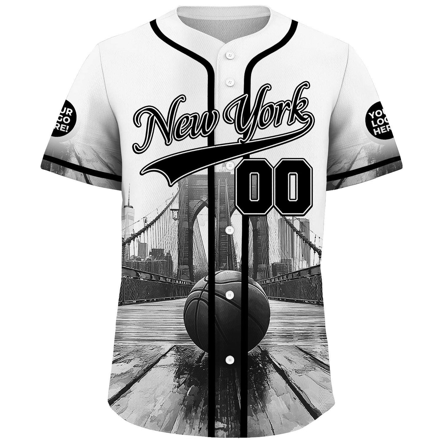 Black White New York Brooklyn Bridge Way On Custom Name Baseball Jerseys For Men & Women