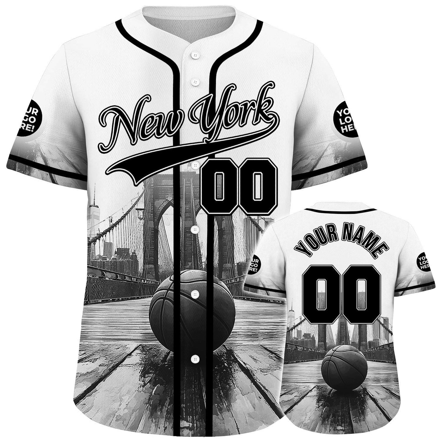 Black White New York Brooklyn Bridge Way On Custom Name Baseball Jerseys For Men & Women