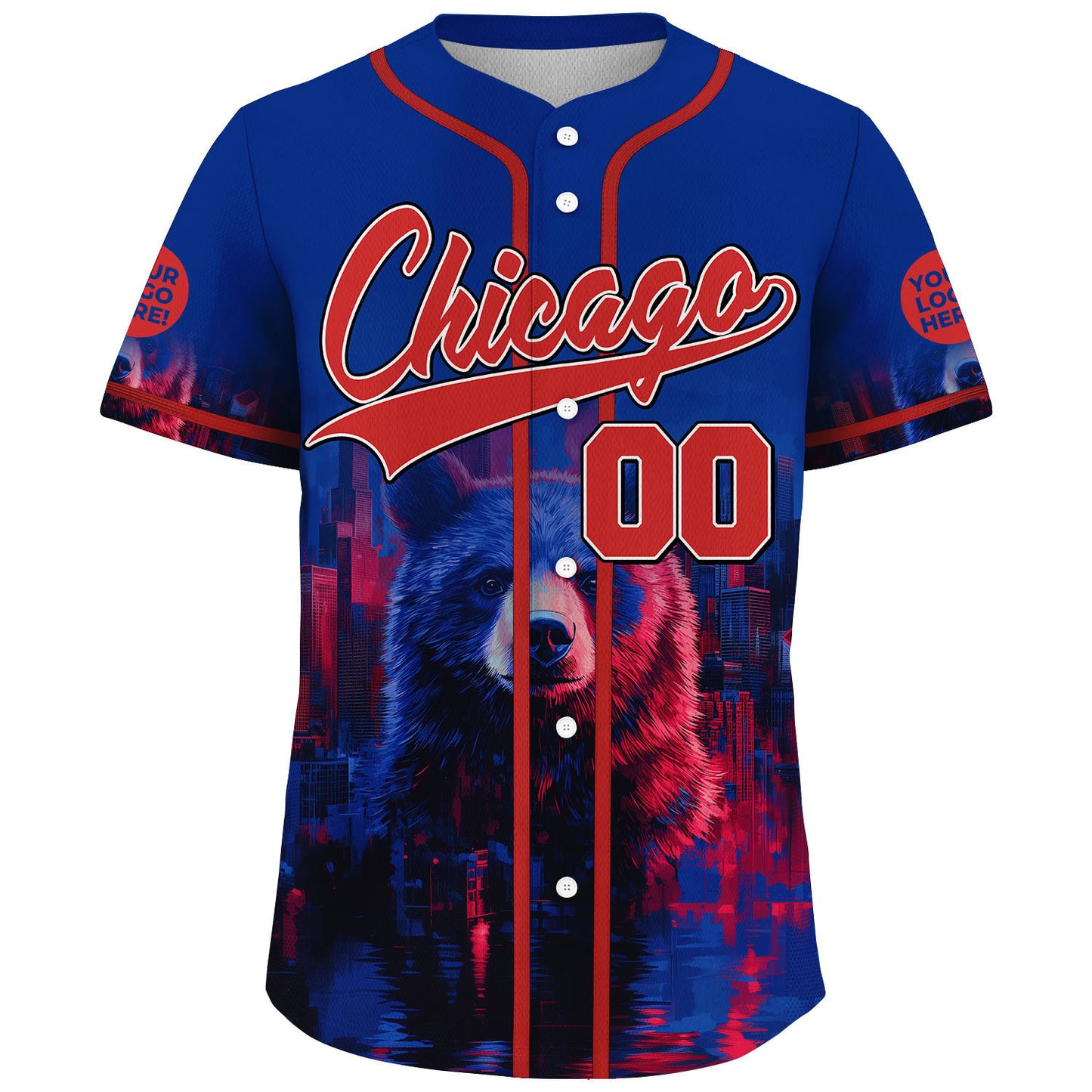 Red Blue Chicago Illinois Huge Bear City Night Custom Name Baseball Jerseys For Men & Women