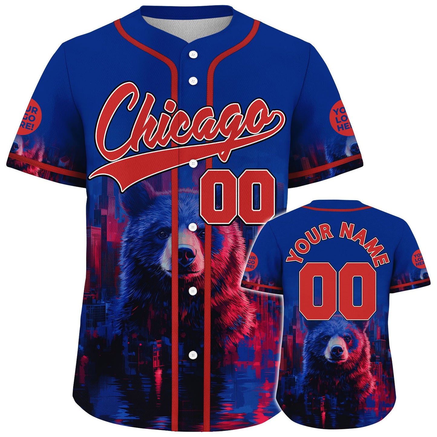 Red Blue Chicago Illinois Huge Bear City Night Custom Name Baseball Jerseys For Men & Women