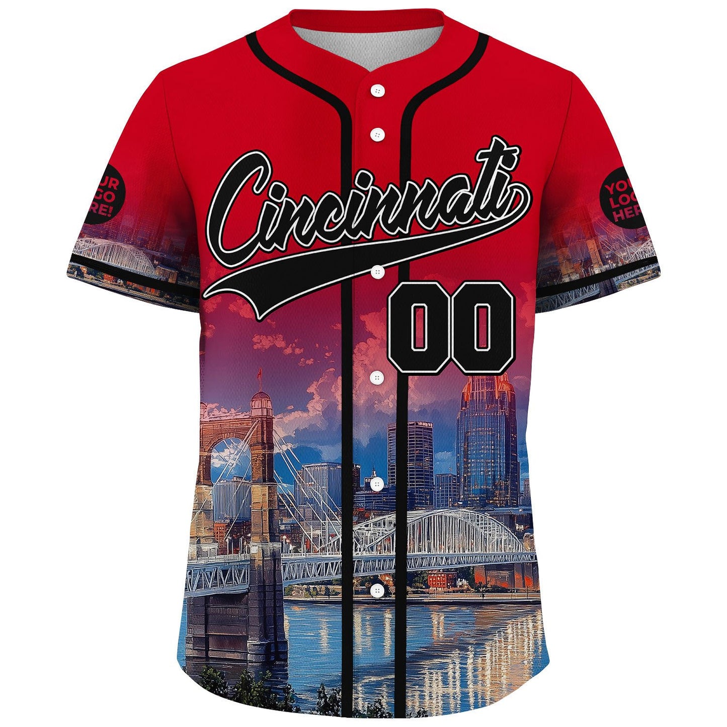 Black Red Cincinnati Ohio Great American Tower City River View Custom Name Baseball Jerseys For Men & Women