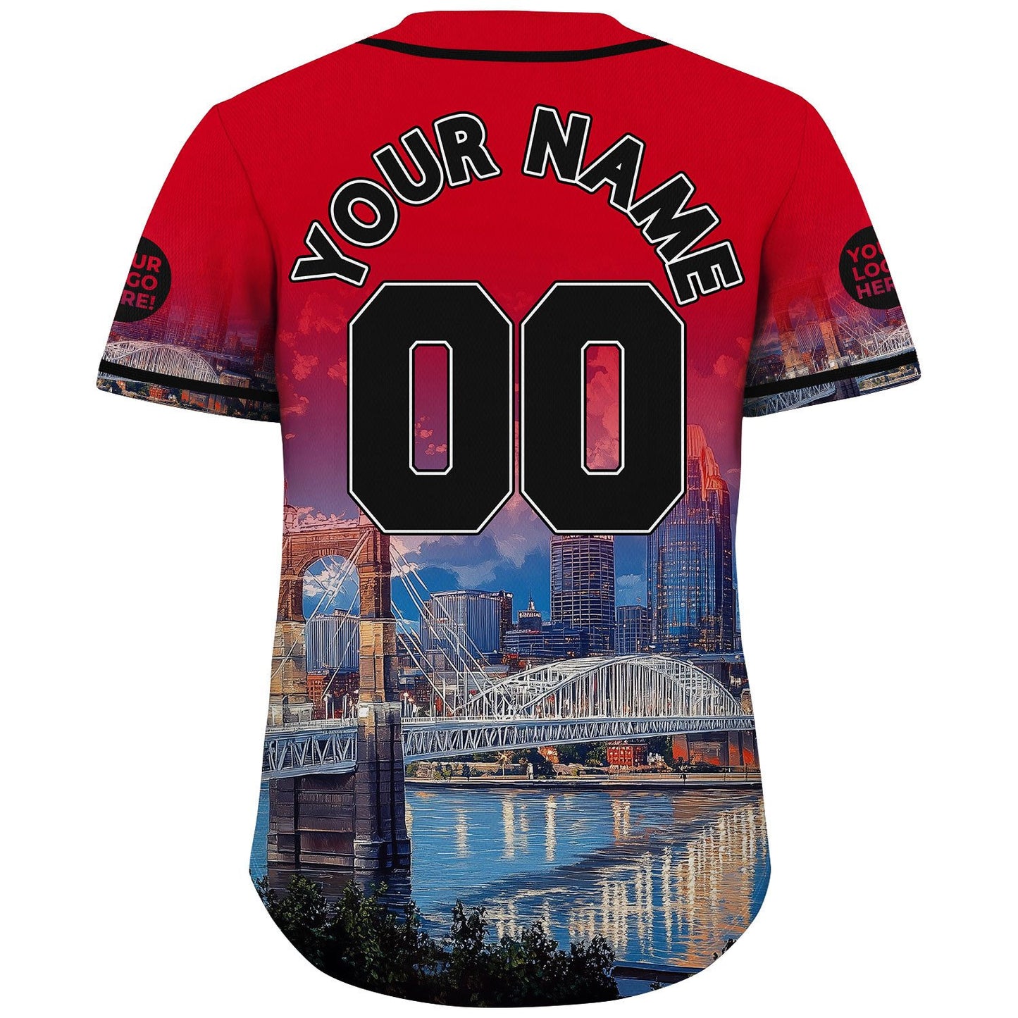 Black Red Cincinnati Ohio Great American Tower City River View Custom Name Baseball Jerseys For Men & Women