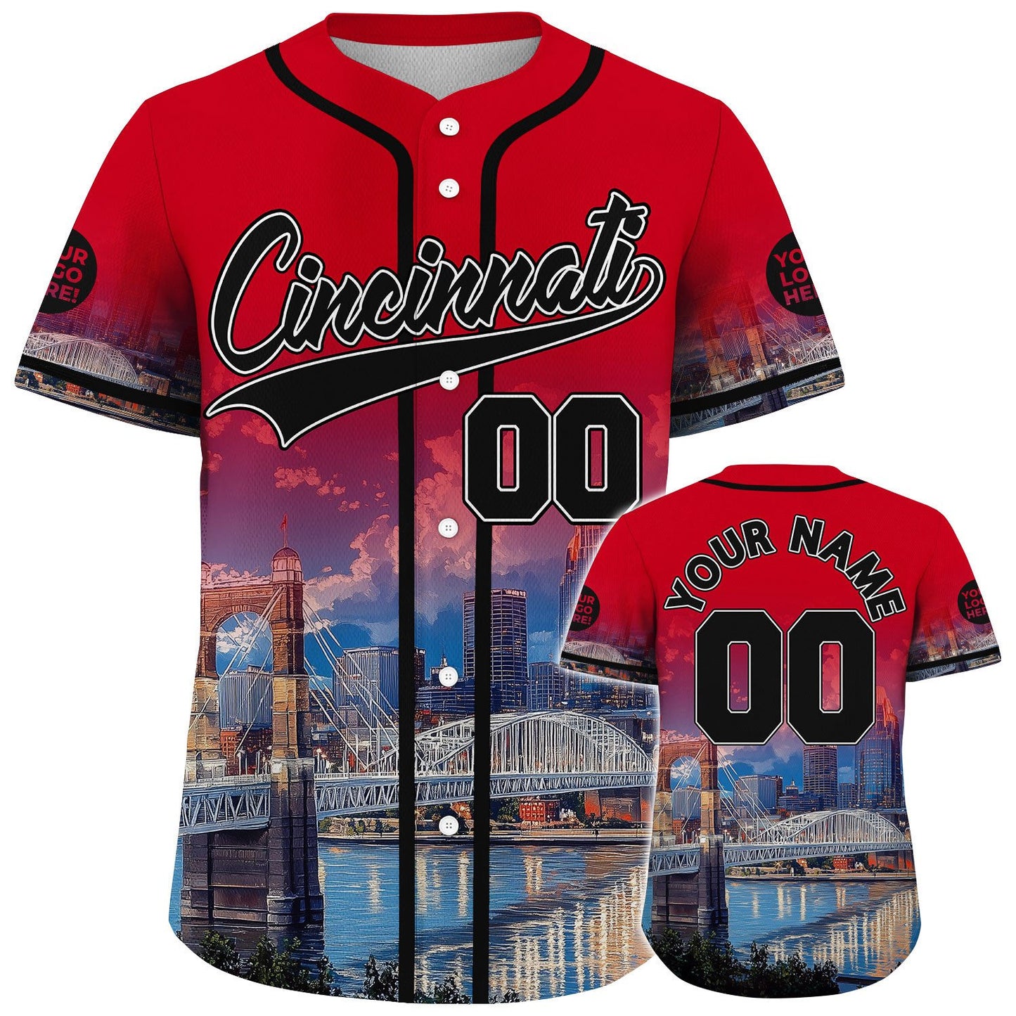 Black Red Cincinnati Ohio Great American Tower City River View Custom Name Baseball Jerseys For Men & Women
